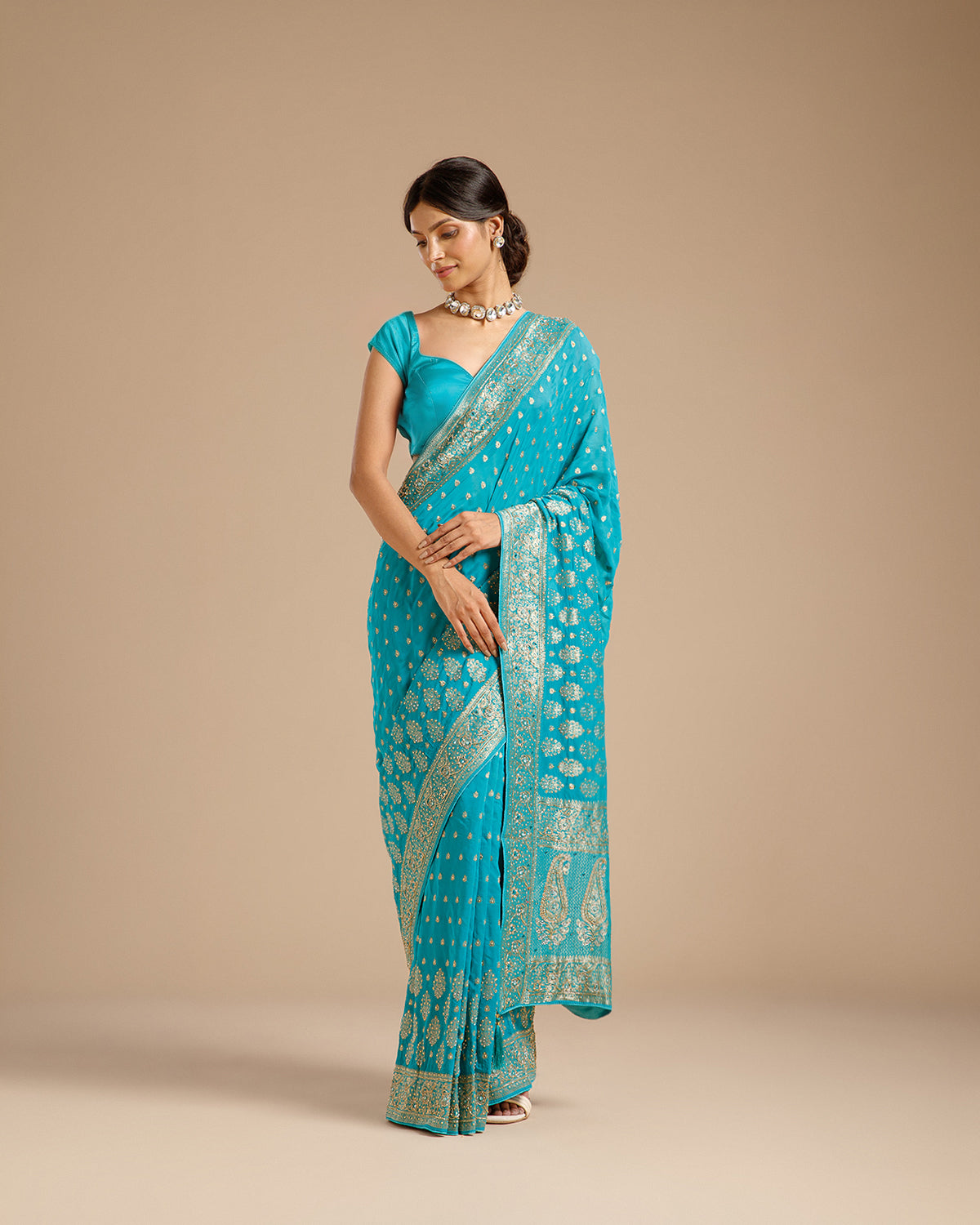 Firozi Georgette Saree with Dabka, Nulki & Mirror Work