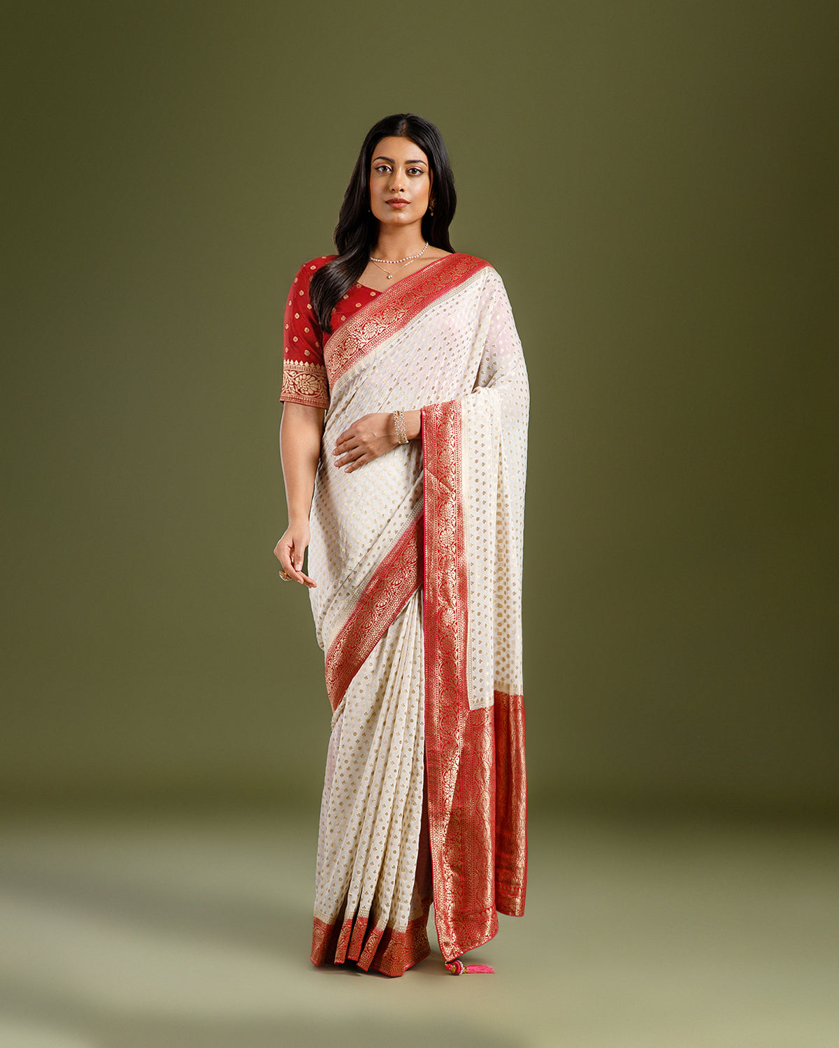 Elegant Ivory Saree in Georgette with Self Weaving Pattern - House of Surya