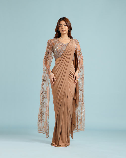 Chikoo Lycra Drape Saree with Hand Work - House of Surya