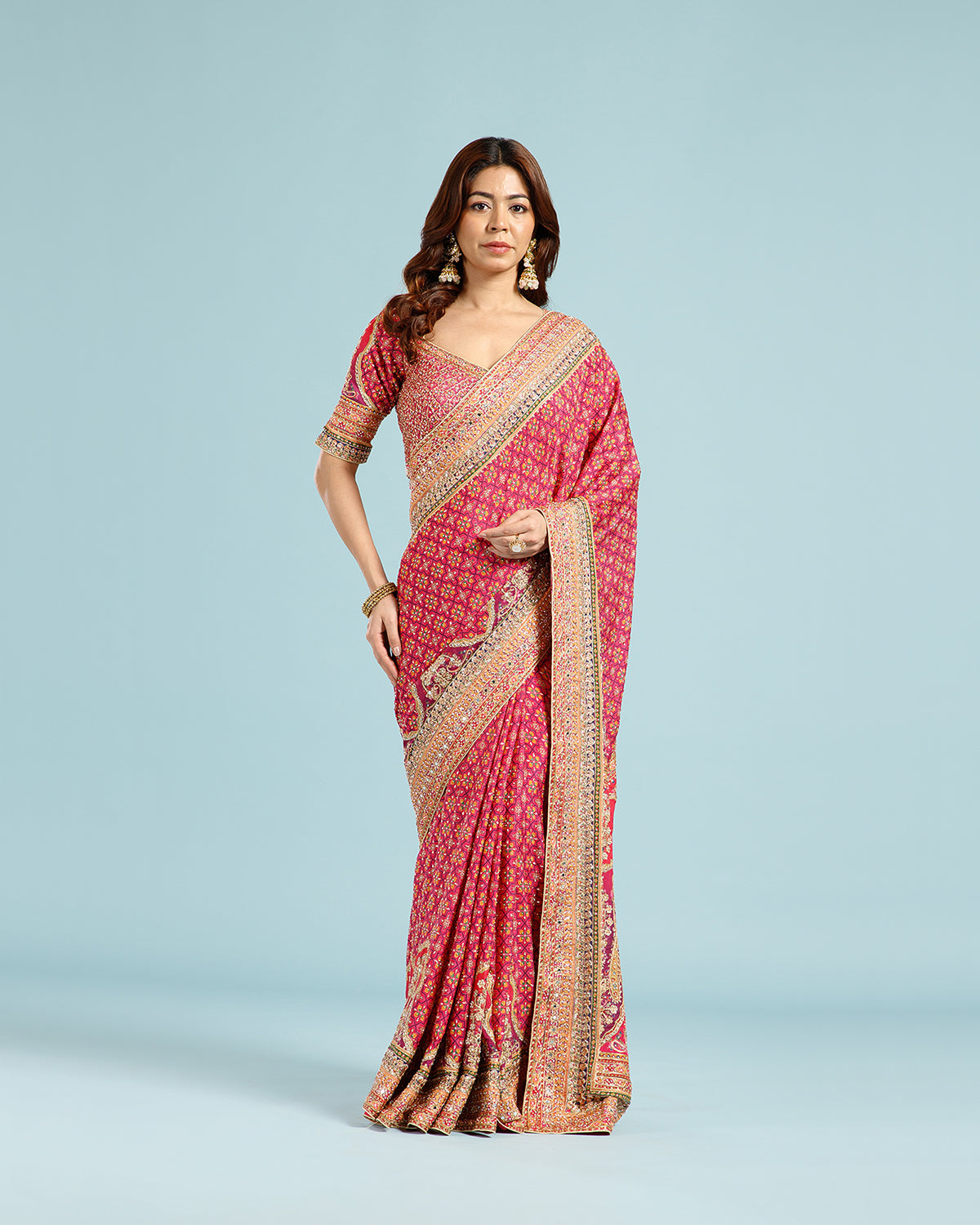 Wine Printed Georgette Saree with Sequence, Cutdana & Aari Work - House of Surya