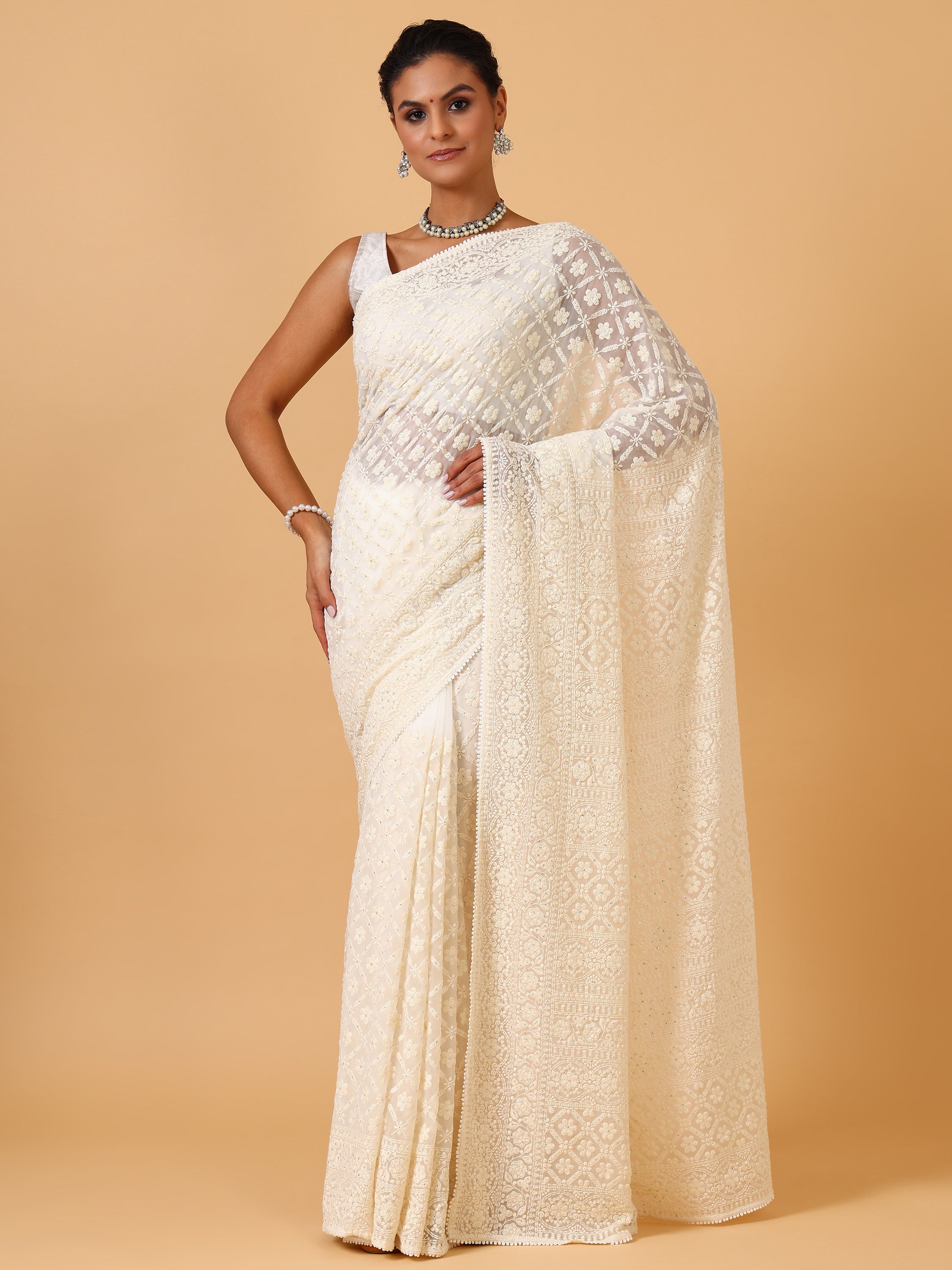  Ivory Lakhnavi Georgette Saree, Georgette Saree - House of Surya
