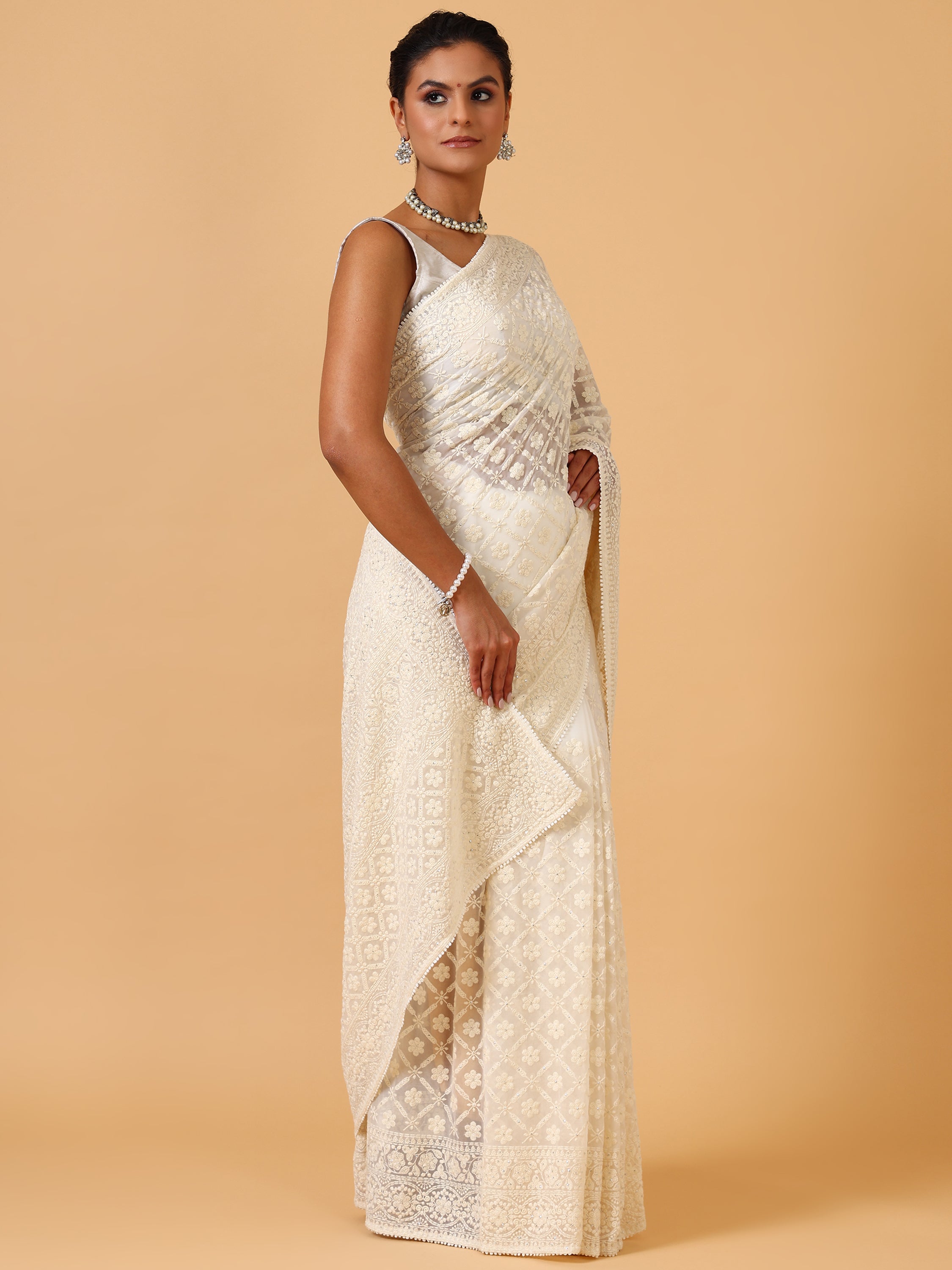  Ivory Lakhnavi Georgette Saree, Georgette Saree - House of Surya