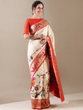 Heritage Weave Ivory and Red Silk SAREE - House of Surya