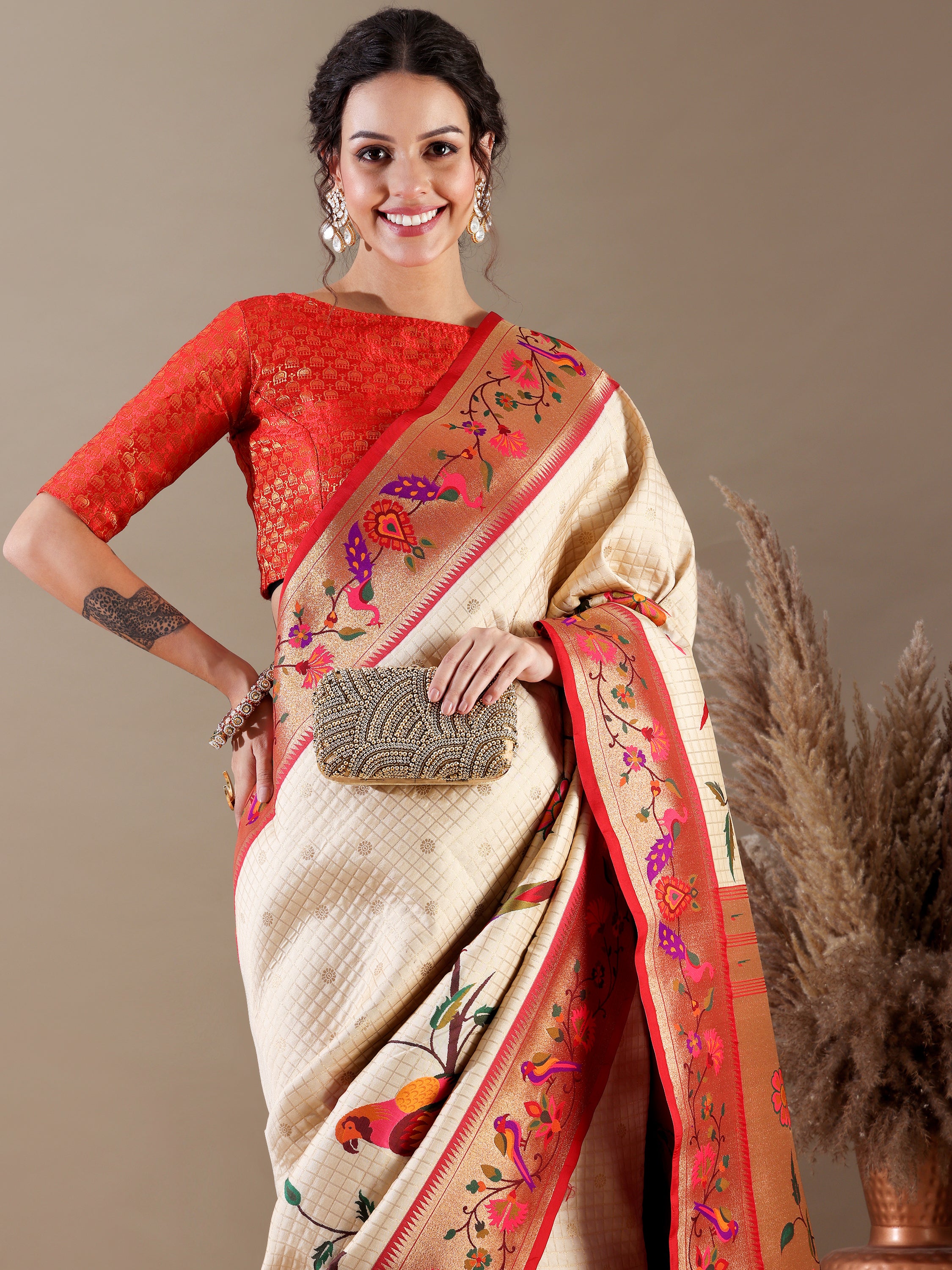 Heritage Weave Ivory and Red Silk SAREE - House of Surya
