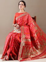 Luxurious Red Satin Organza Weave SAREE - House of Surya
