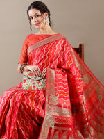 Luxurious Red Satin Organza Weave SAREE - House of Surya