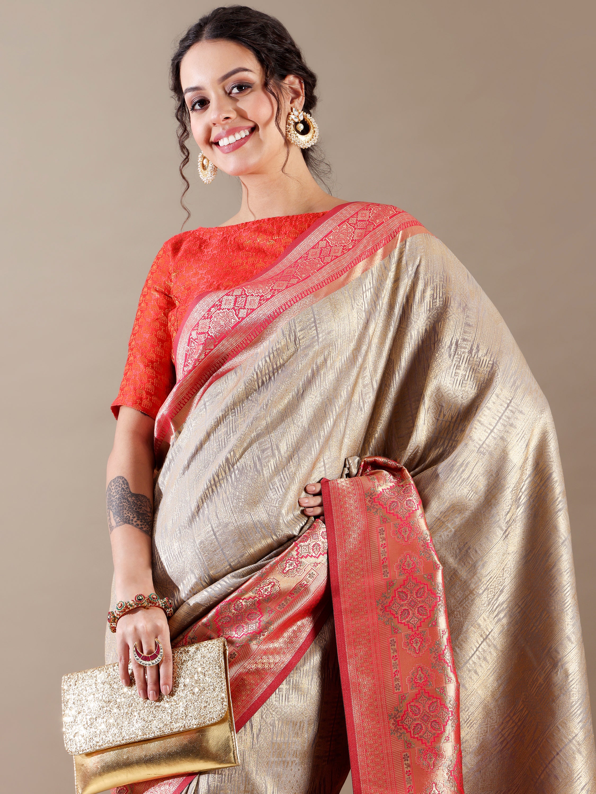 Grey and Rani Silk Weave SAREE - House of Surya