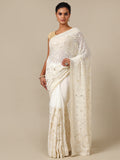 Ivory Georgette Saree with Gold Sequins - House of Surya