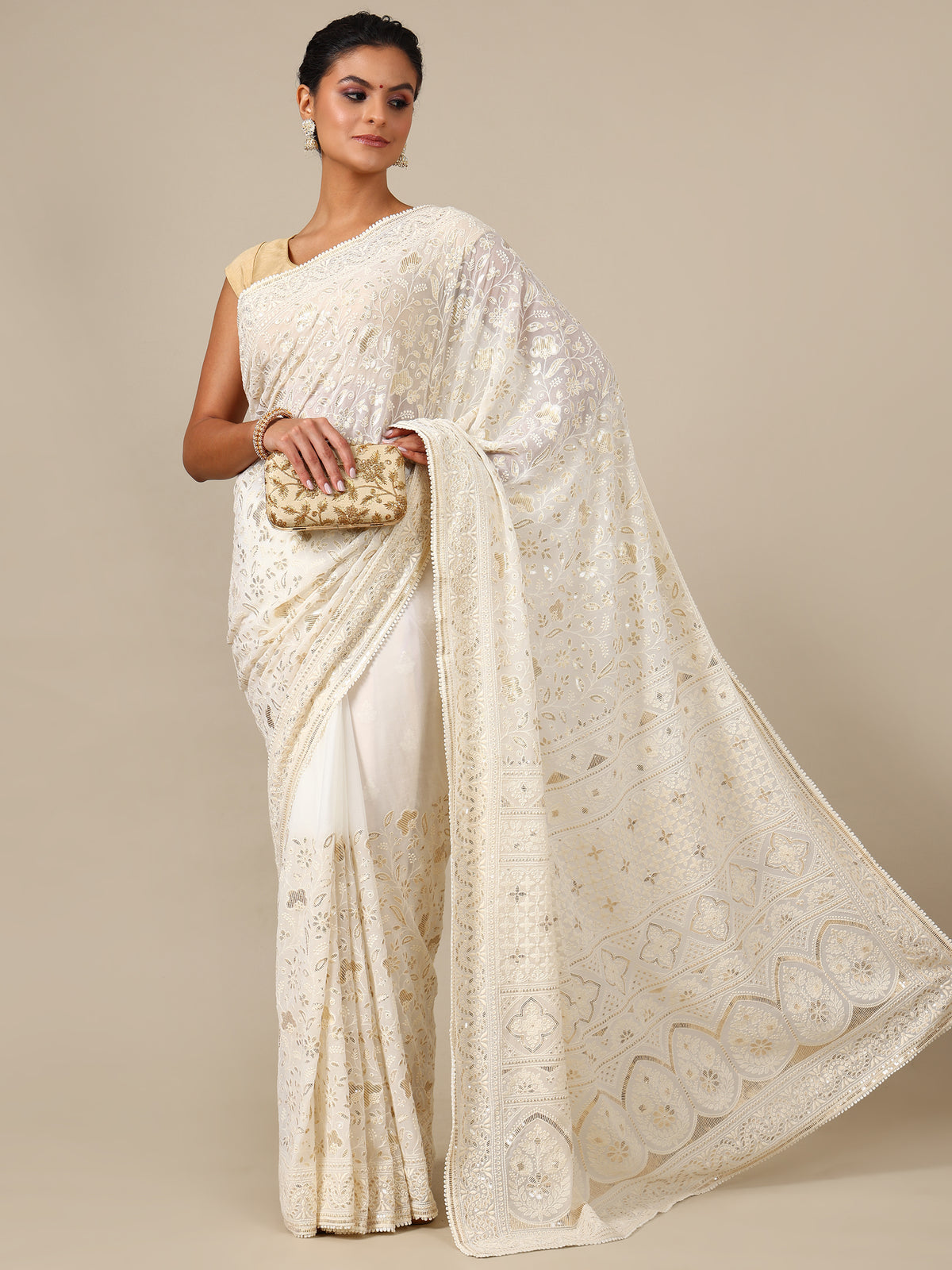 Ivory Georgette Saree with Gold Sequins - House of Surya