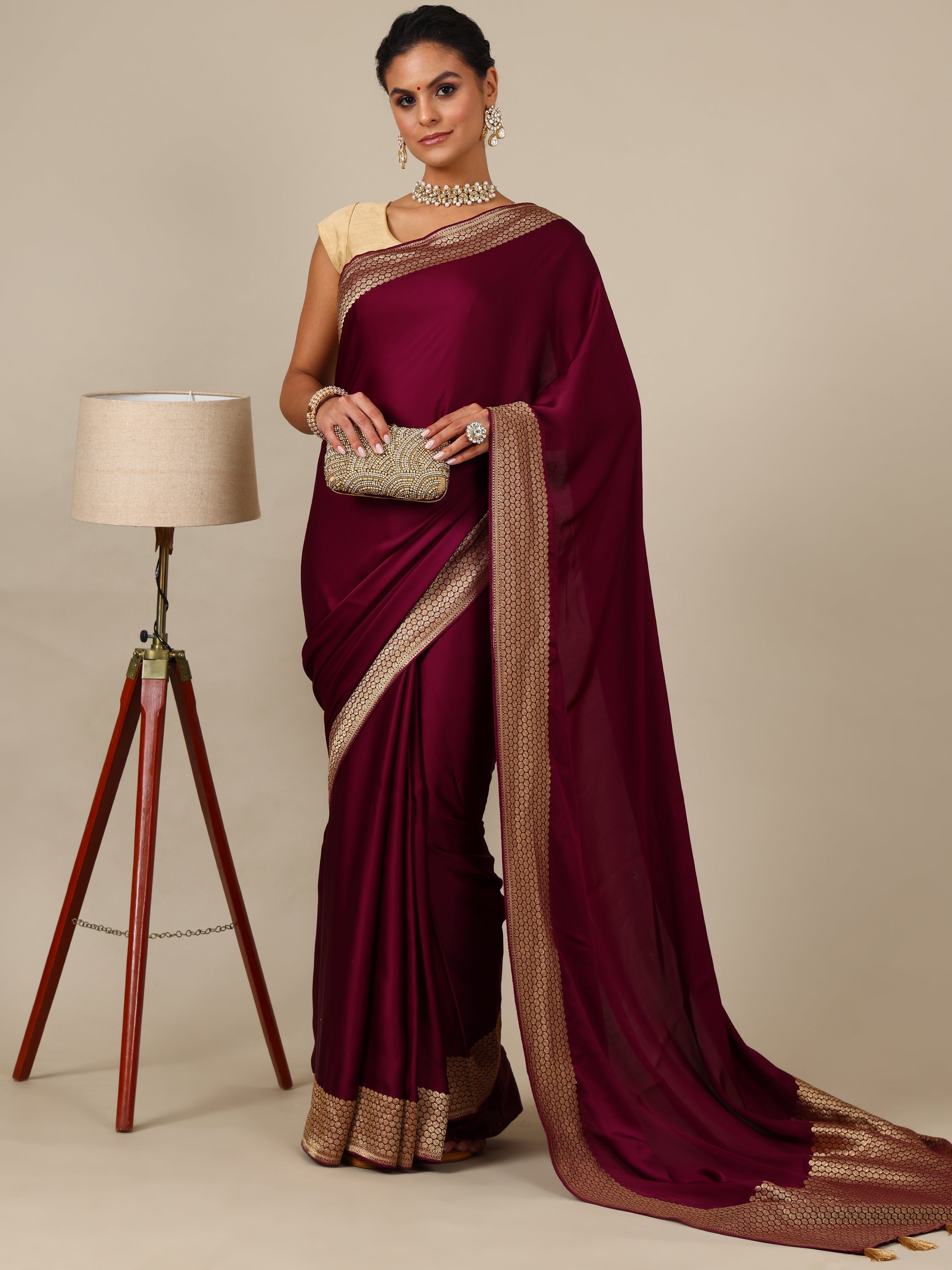 The Peach Silk Saree with Maroon Blouse – Satin Silk Weaving - House of Surya