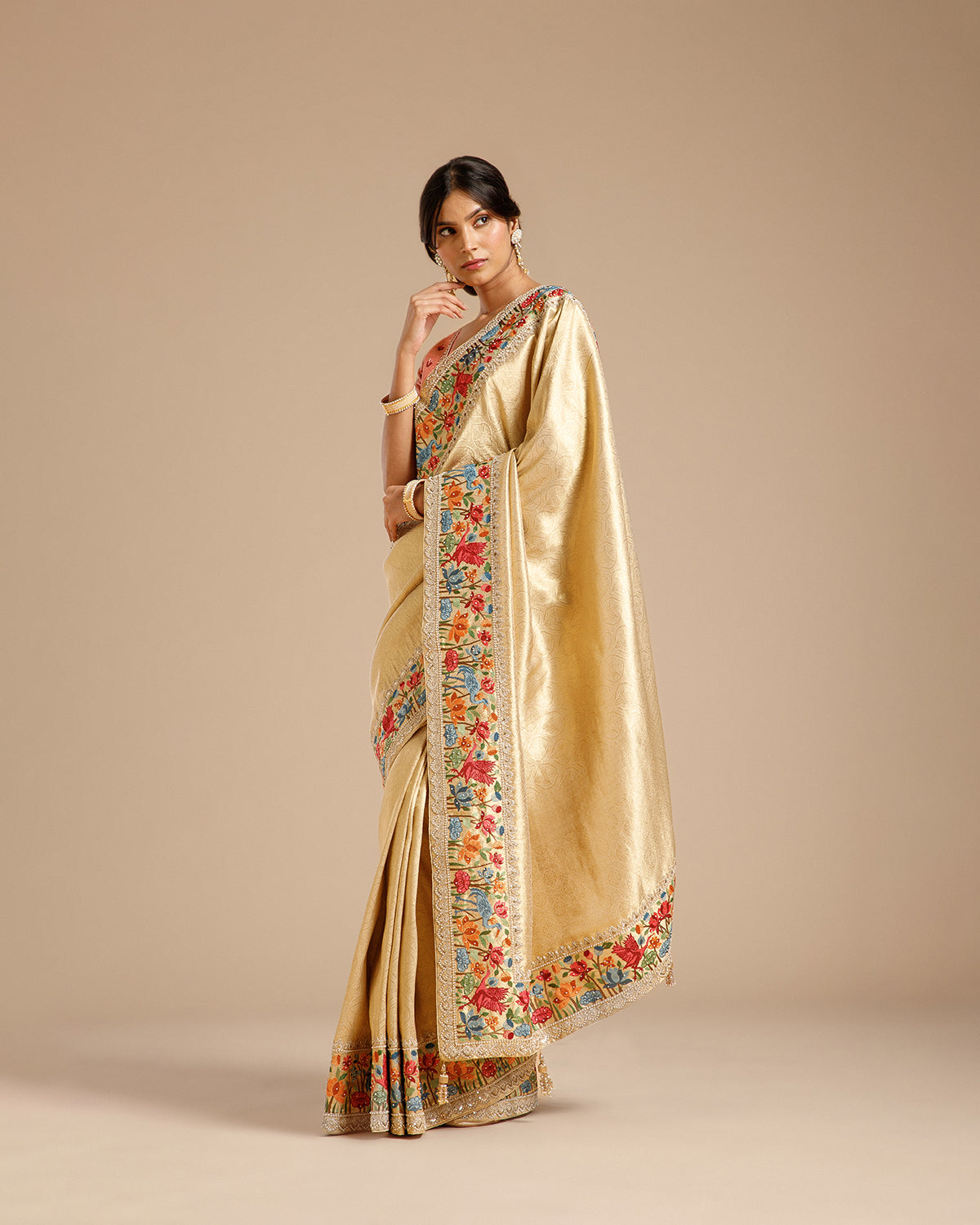 Beige Gold Tissue Silk Saree with Resham, Dori, Pearl & Sequin Work