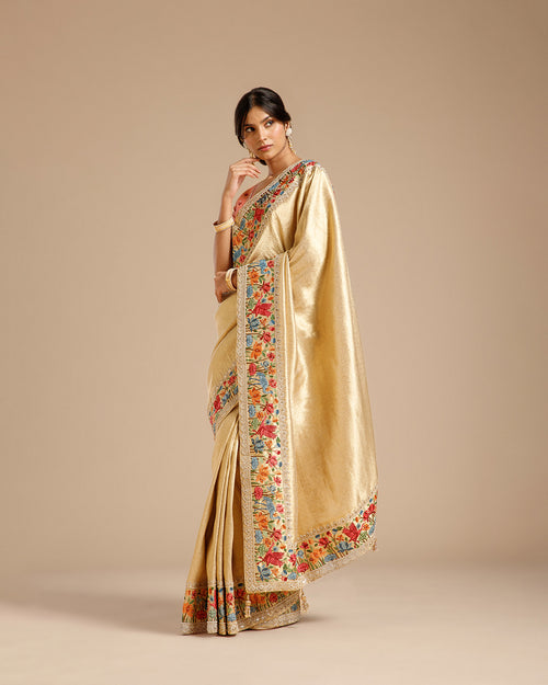 Beige Gold Tissue Silk Saree with Resham, Dori, Pearl & Sequin Work