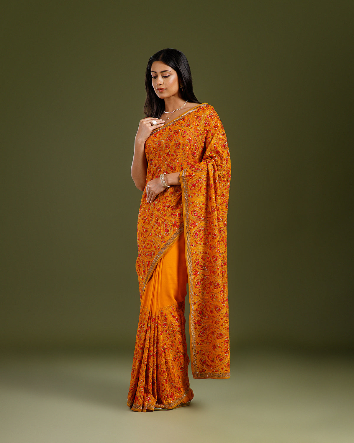 Yellow Georgette Saree with Kashmiri & Cutdana Work - House of Surya