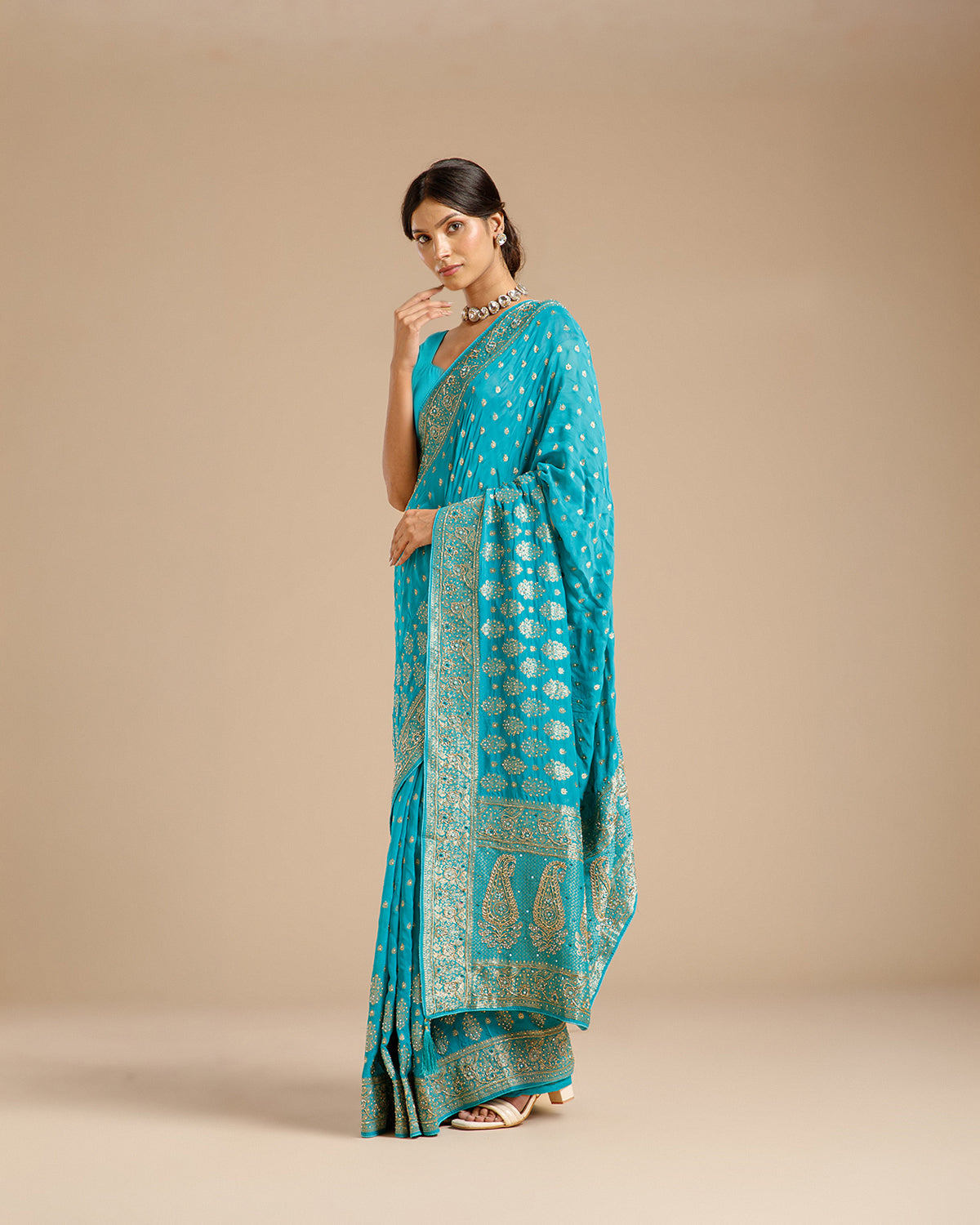 Firozi Georgette Saree with Dabka, Nulki & Mirror Work