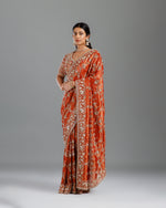 Rust Tissue Saree with Self Weave, Cutdana & Beads Work - House of Surya