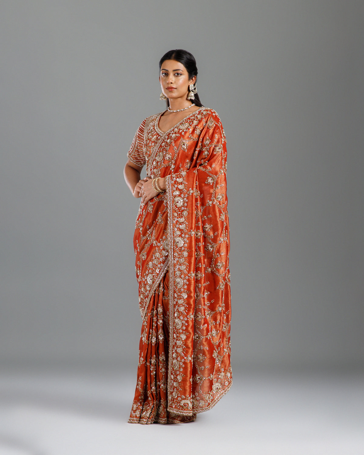 Rust Tissue Saree with Self Weave, Cutdana & Beads Work - House of Surya