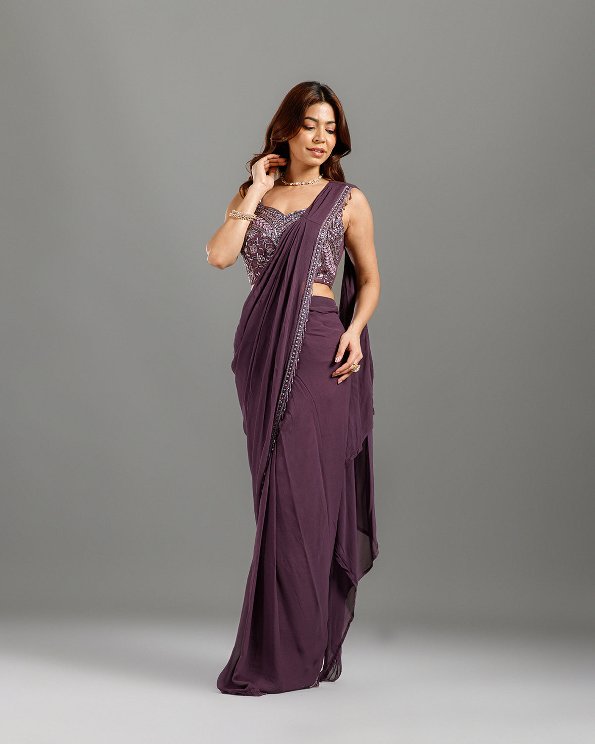 Purple Georgette Drape Saree with Hand Work - House of Surya