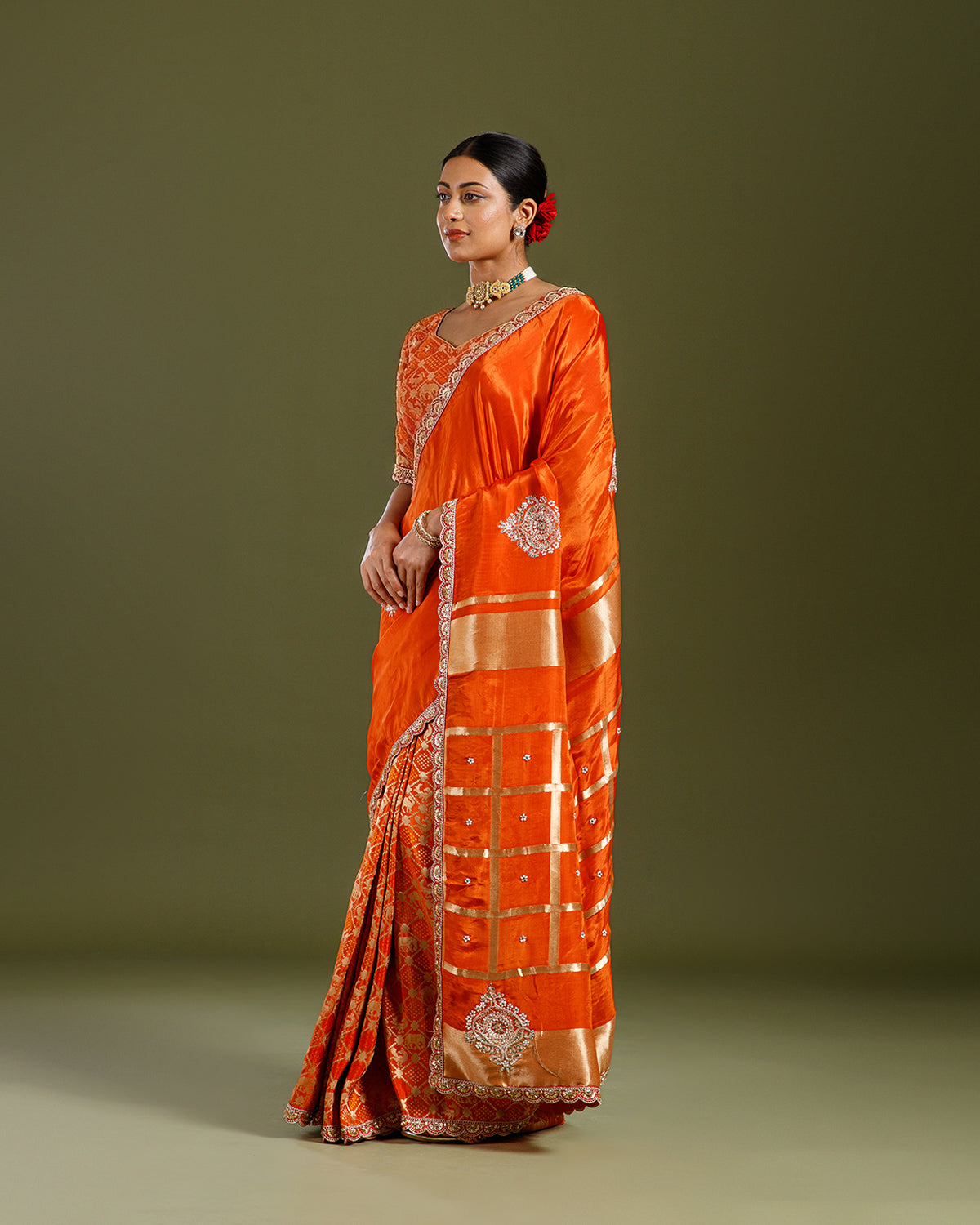Rust Crepe Silk Gharchola Saree with Cutdana, Dabka & Beads Work