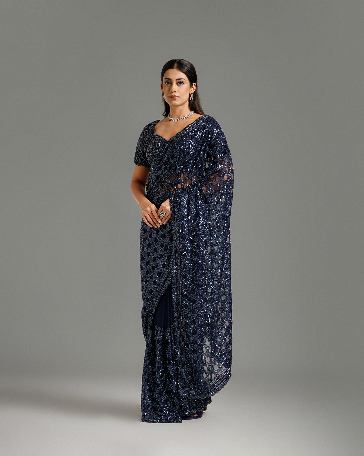 Navy Blue Net Saree with Beads, Nulki & Sequin Work