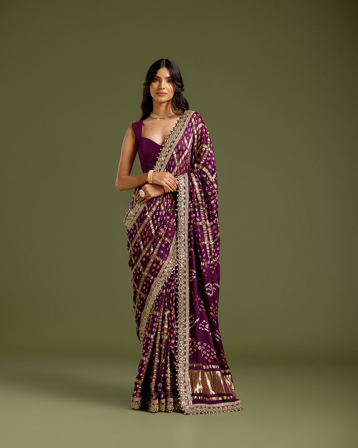 Purple Satin Crepe Saree with Zari & Sequin Work