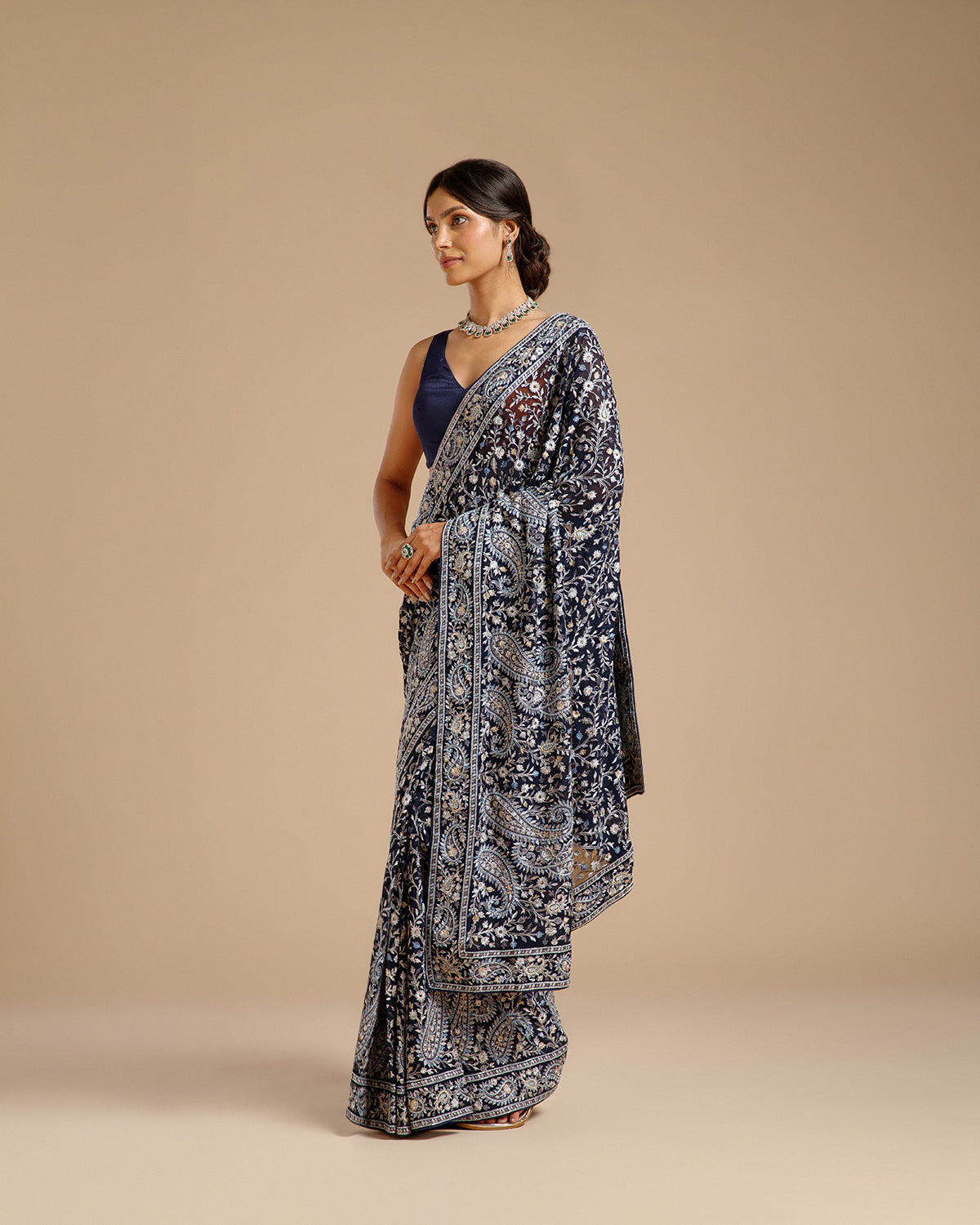 Navy Blue Georgette Saree with Resham & Nulki Work