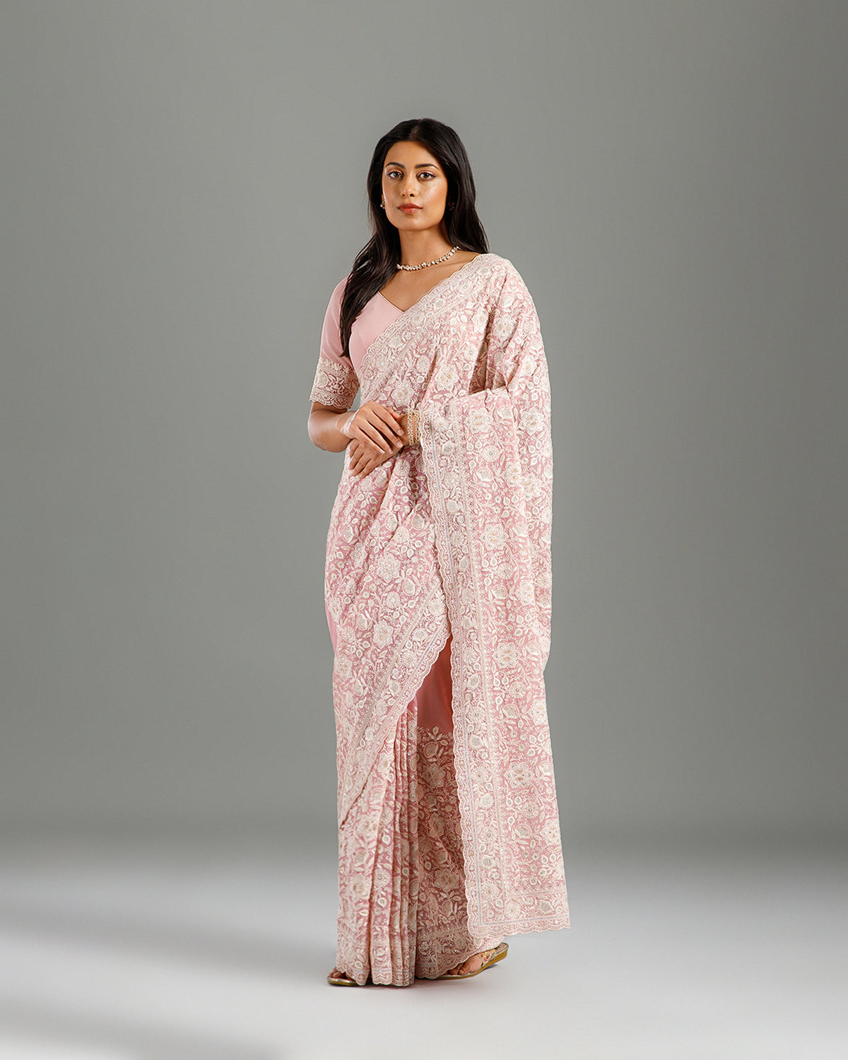 Pink Georgette Lucknowi Saree with Resham & Sequence Work