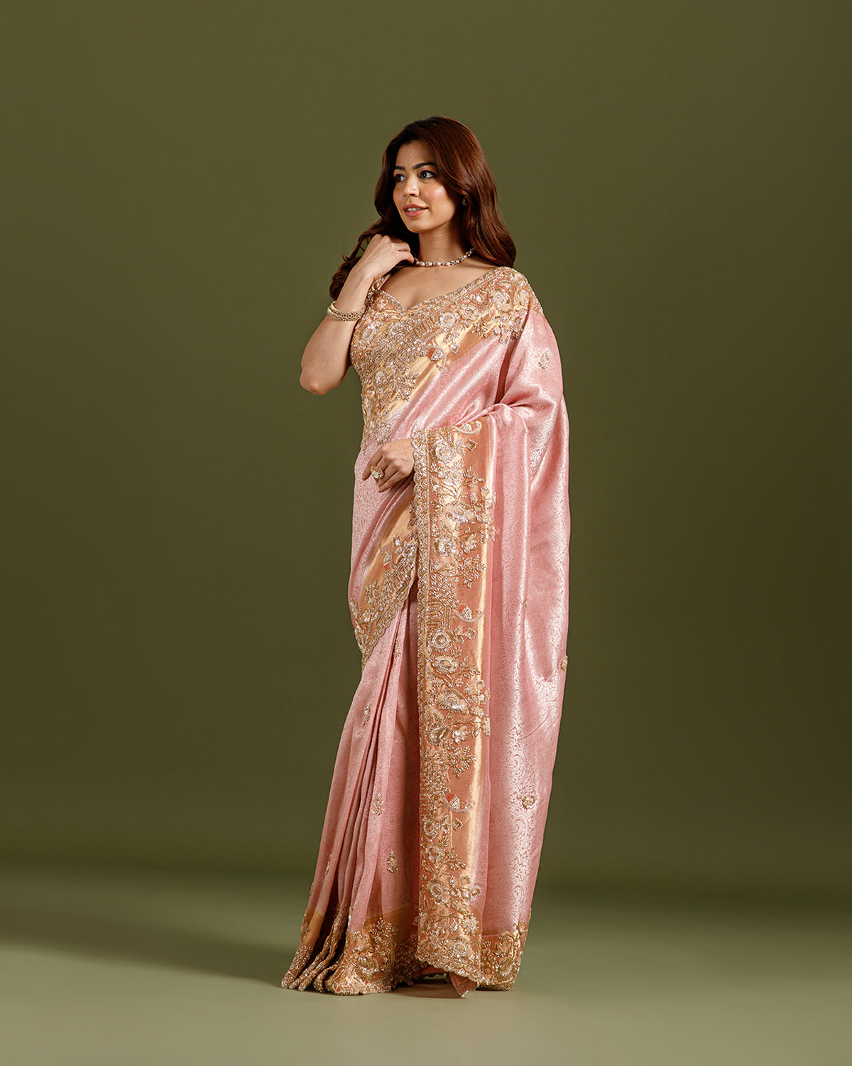 Pink Tissue Self Weaving Saree with Sequins & Cutdana Embroidery - House of Surya