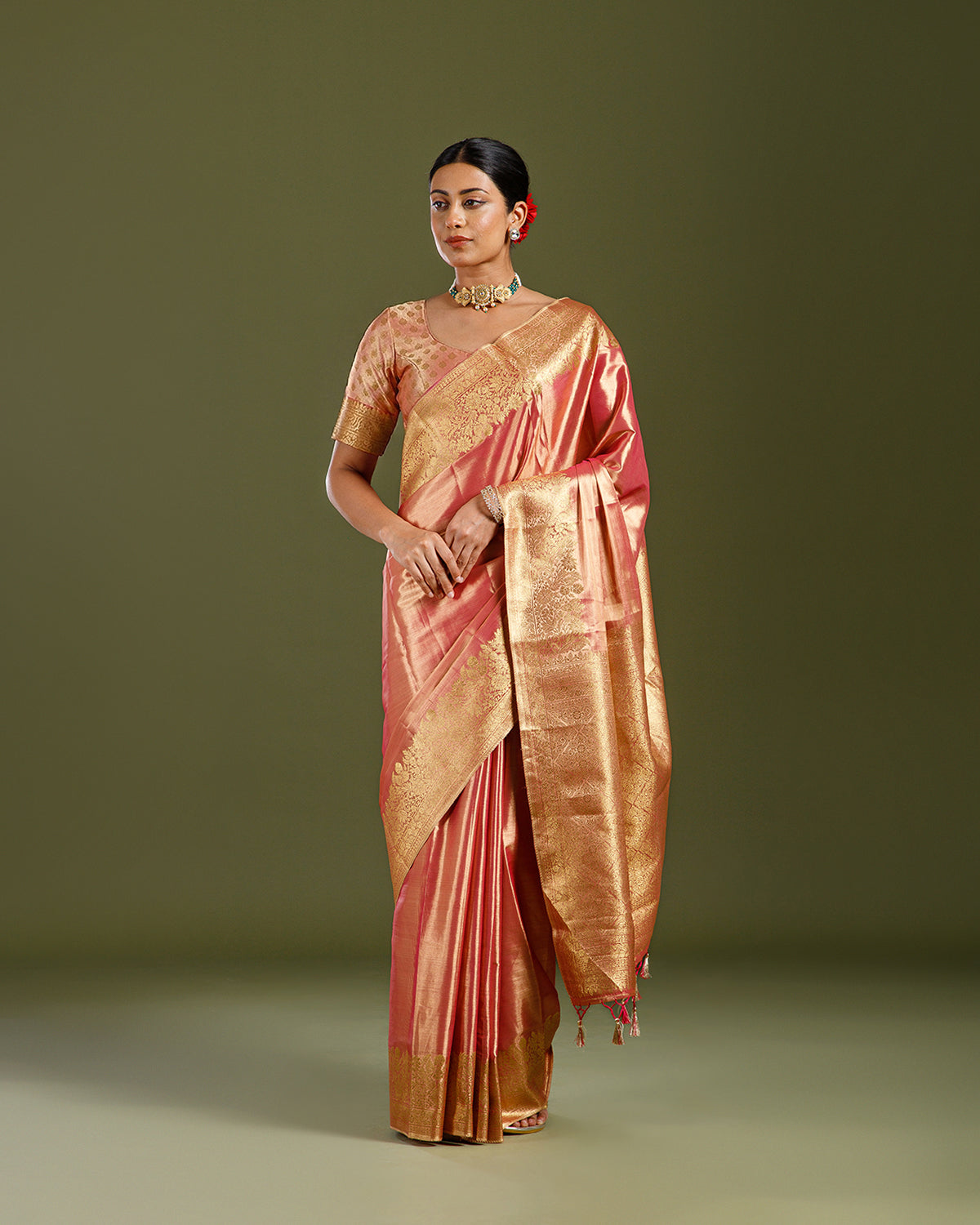 Gajari Tissue Silk Saree with Elegant Self Weaving Design - House of Surya