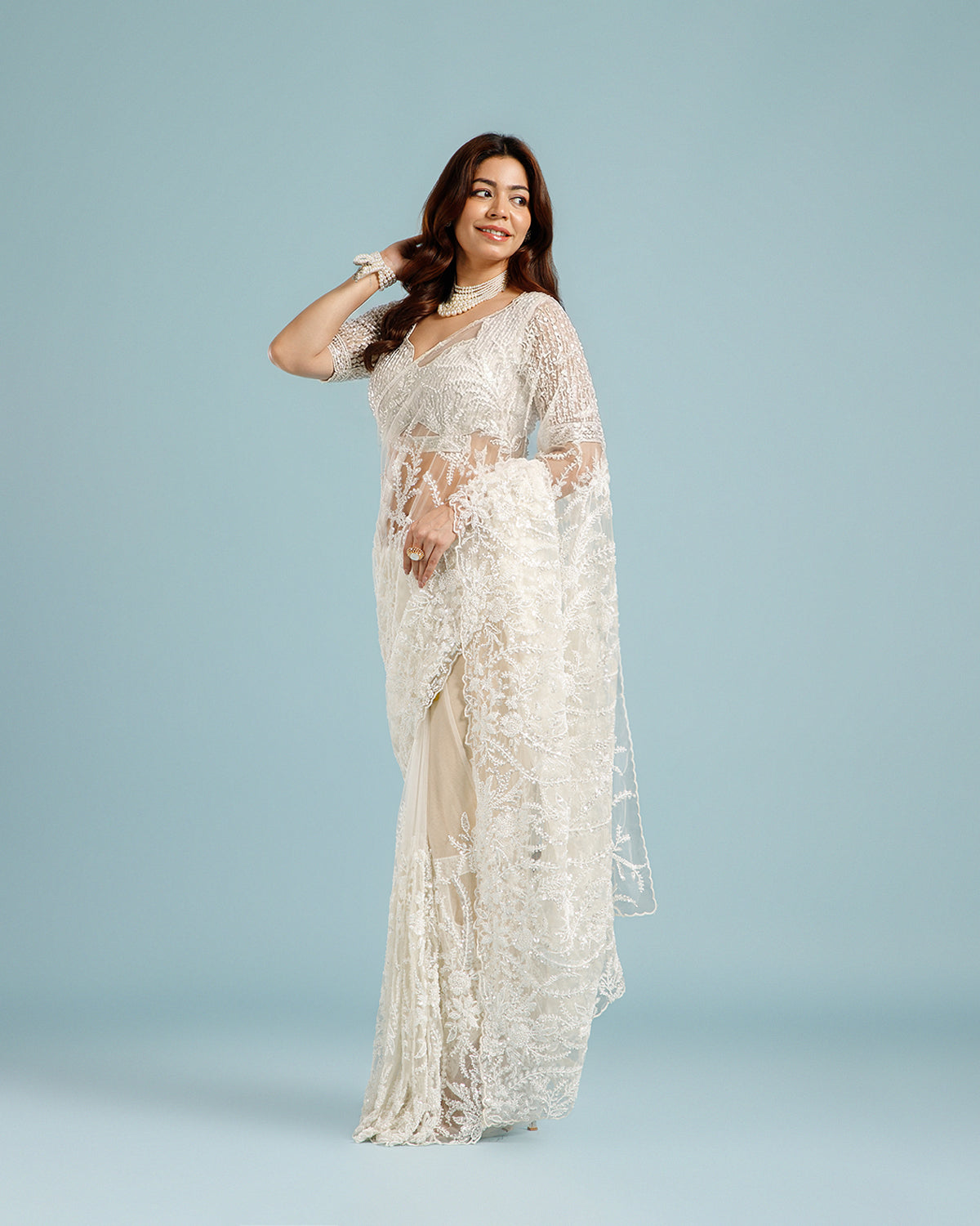 White Net Saree with Sequence & Cutdana Work
