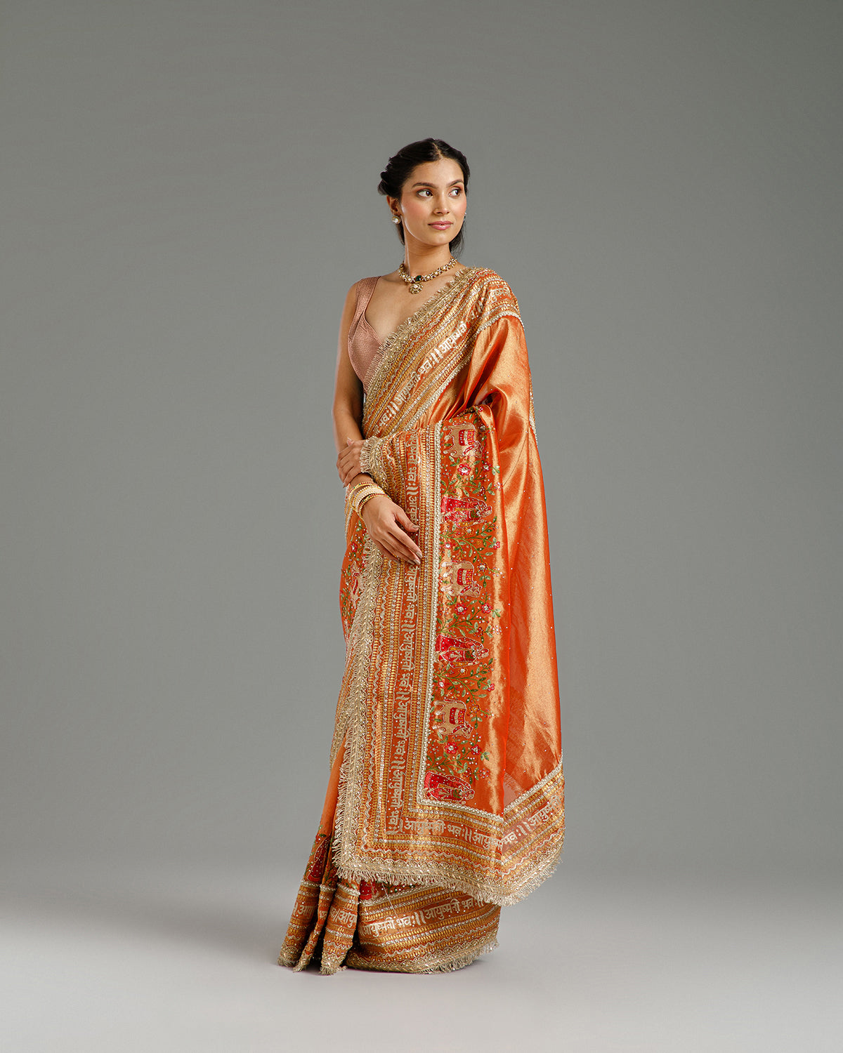 Rust Tissue Organza Saree with Resham, Zari, Dabka, Sequin & Gota Work