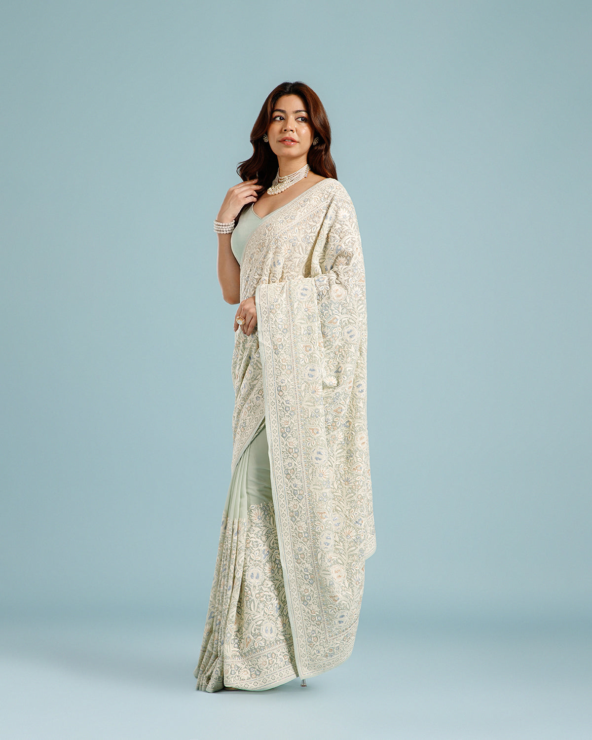 Elegant Pista Green Georgette Saree with Resham & Sequin Detailing - House of Surya