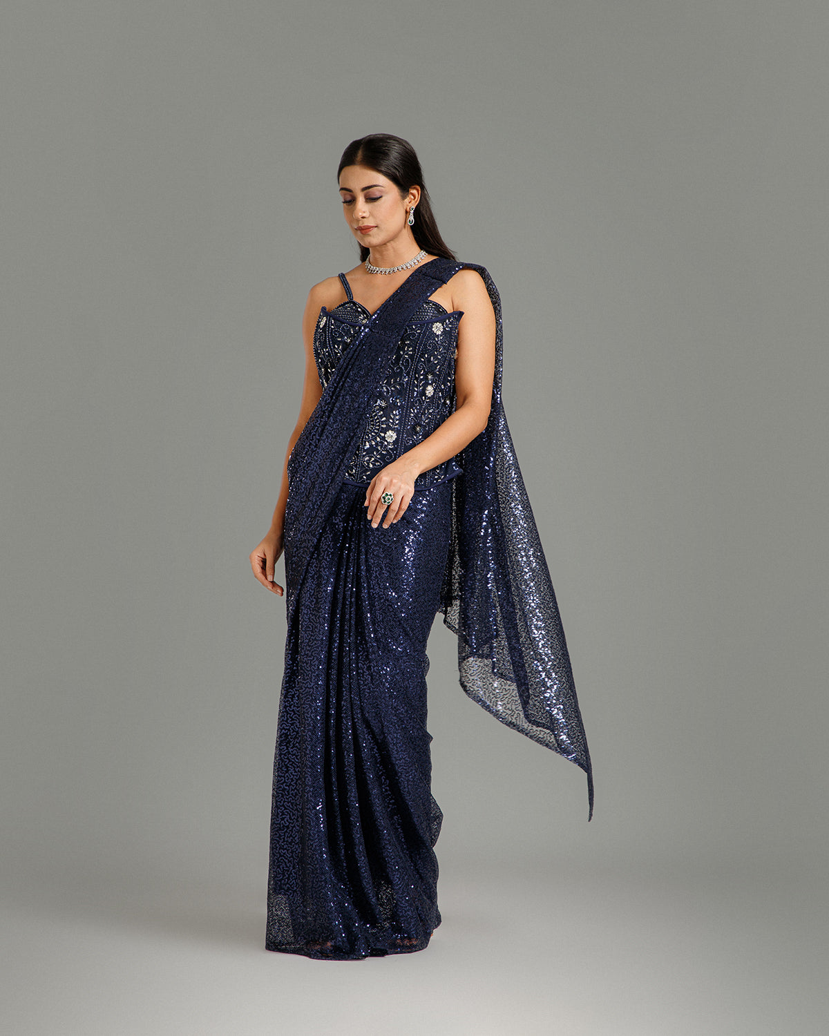 Navy Blue Sandley Saree with Sequin Work
