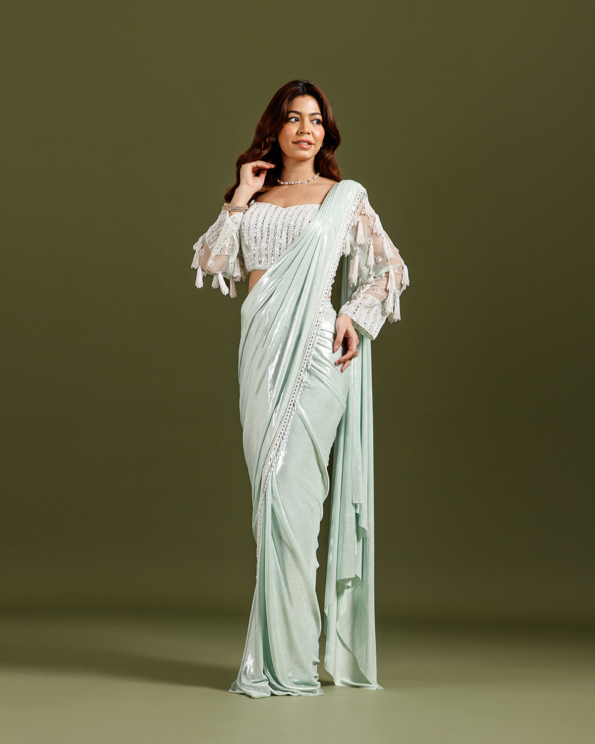 Pista Lycra Drape Saree with Hand Work