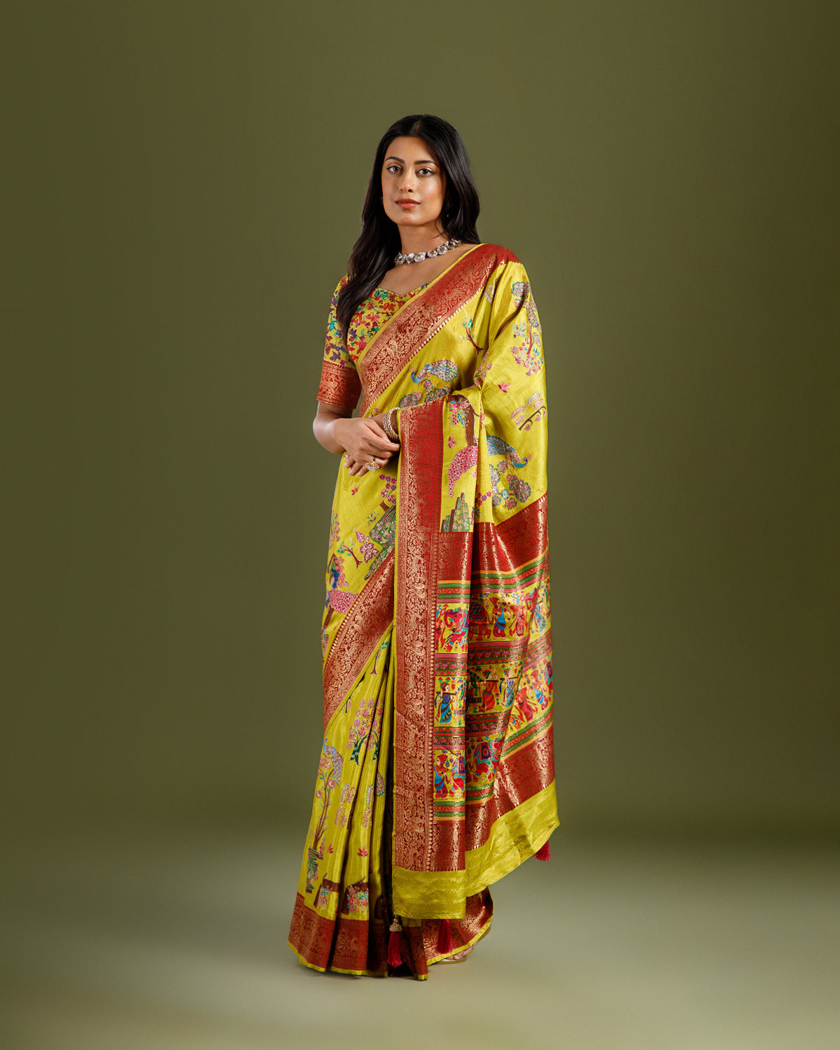 Lemon Yellow Dola Silk Saree with Zari Sequence Work - House of Surya