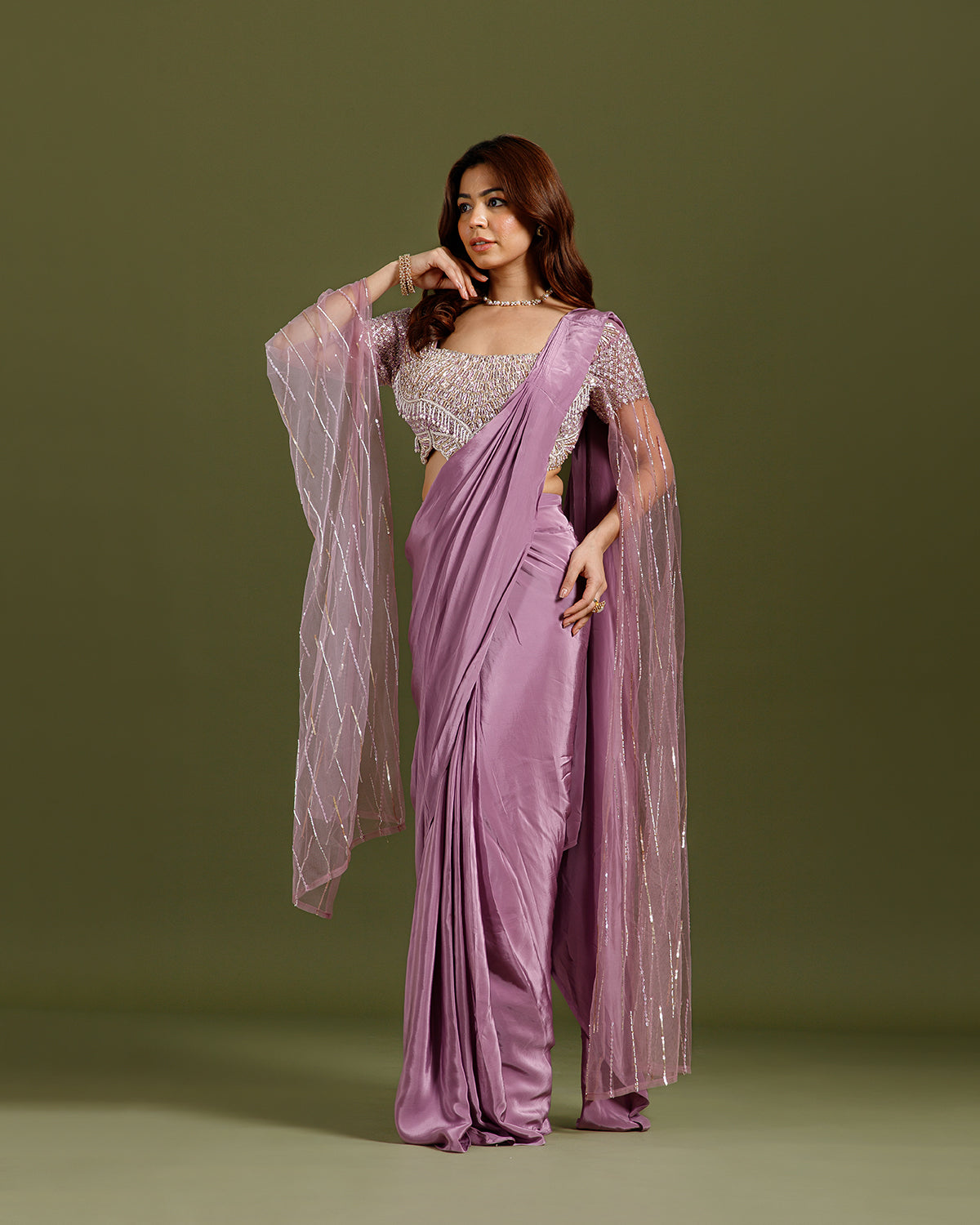 Mauve Crepe Drape Saree with Hand Work - House of Surya