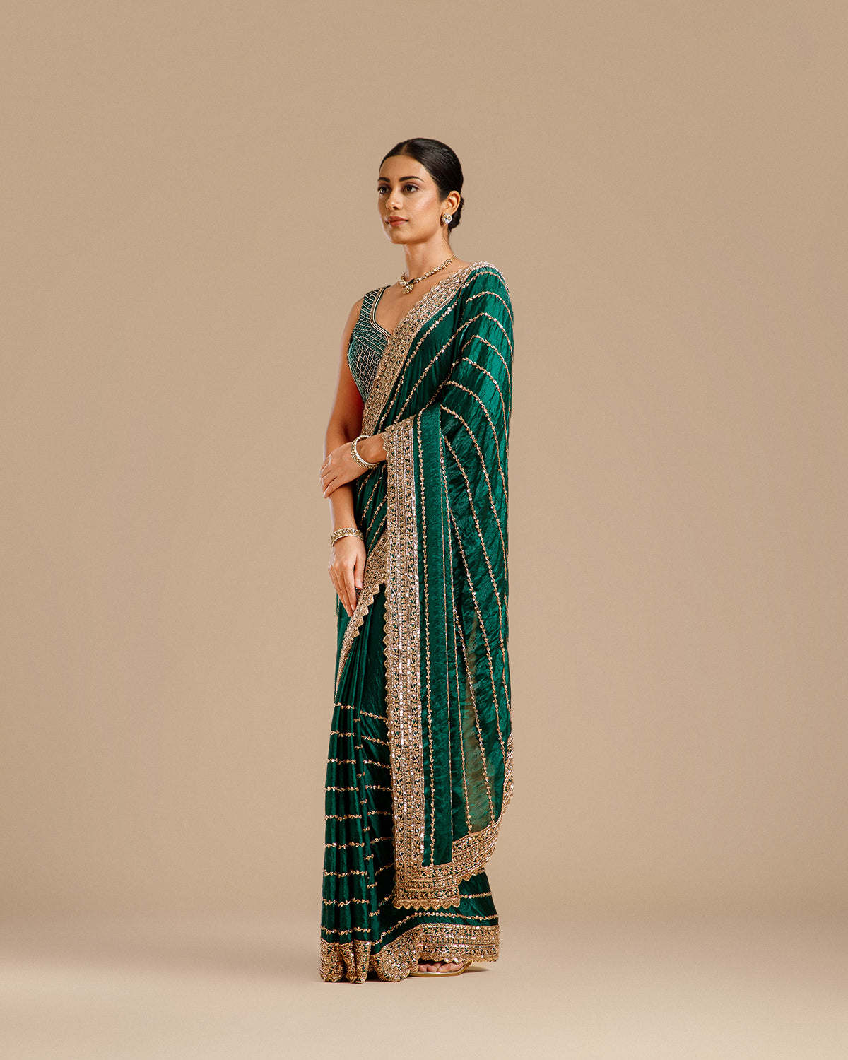 Bottle Green Fendy Organza Saree with Beads & Sequin Work