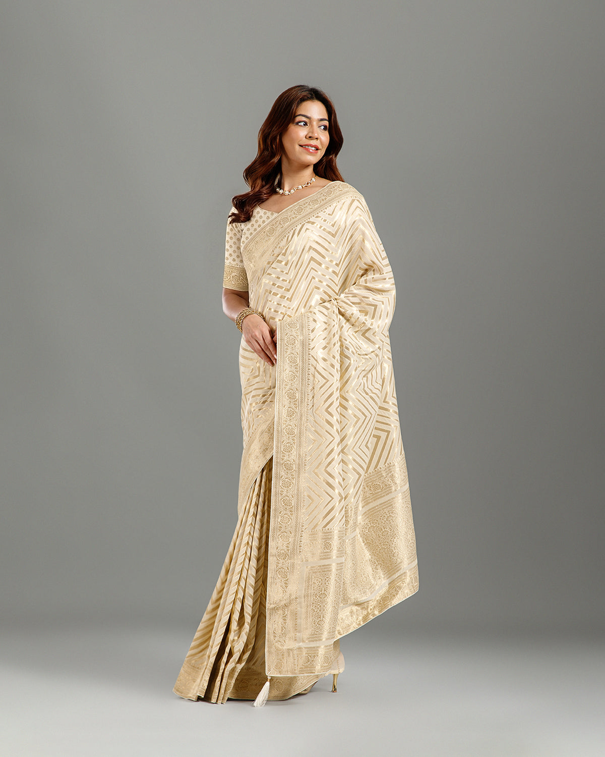 Off White Khaddi Georgette Saree with Zari Weave - House of Surya