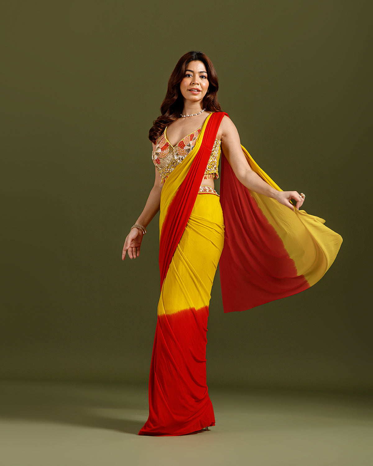 Yellow Lycra Drape Saree with Hand Work - House of Surya