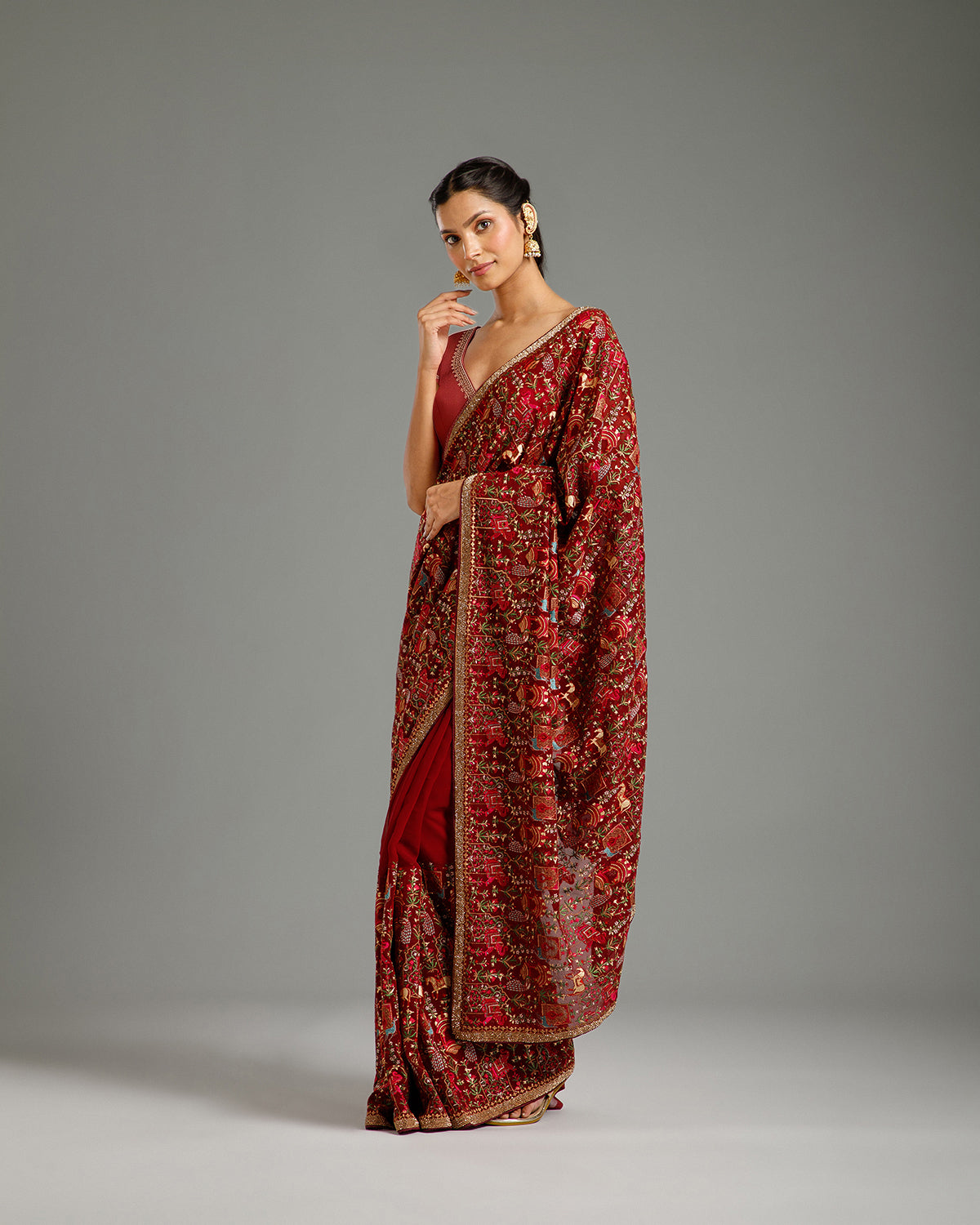 Wine Georgette Saree with Resham & Stone Work