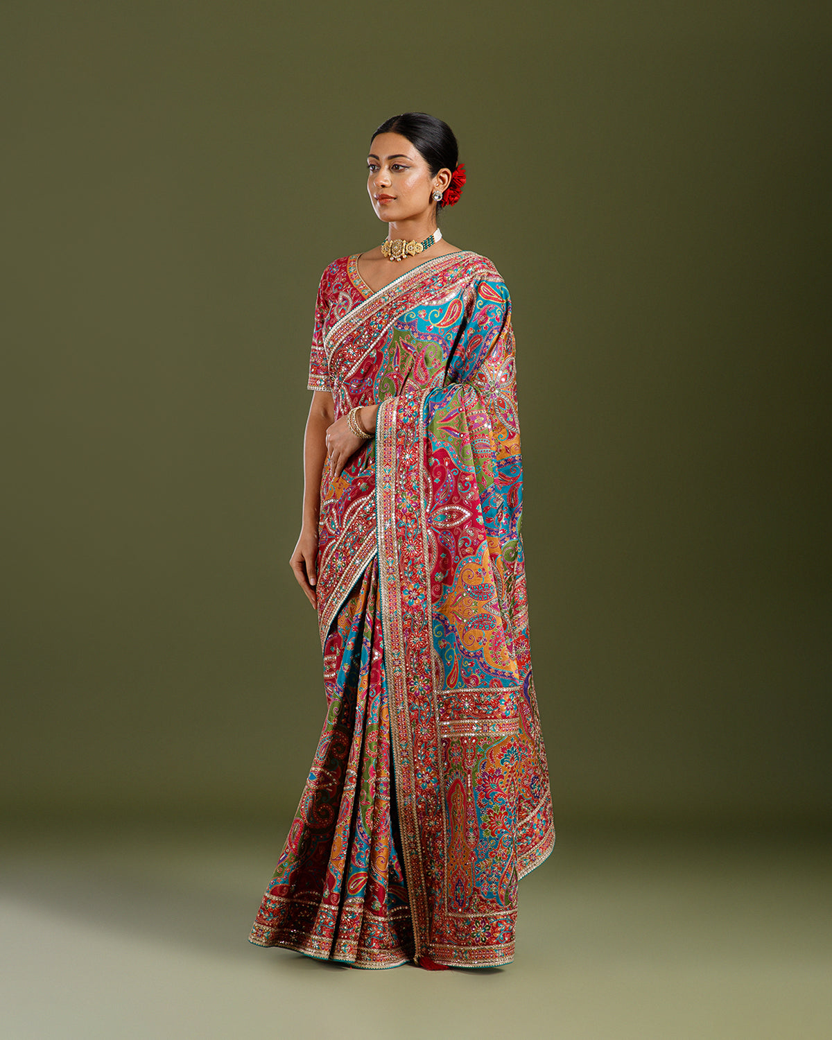 Elegant Mustard Satin Silk Saree with Multicolor Sequence & Zari Embroidery