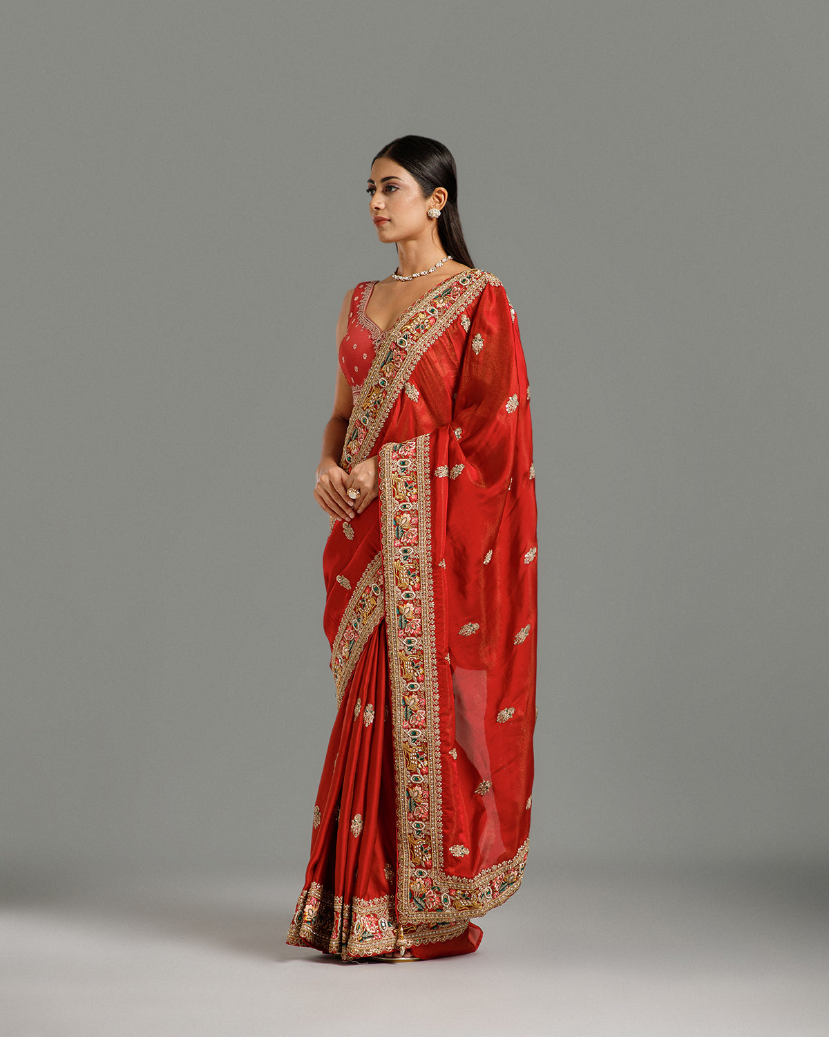 Maroon Satin Organza Saree with Resham, Beads, Sequin & Pearl Work