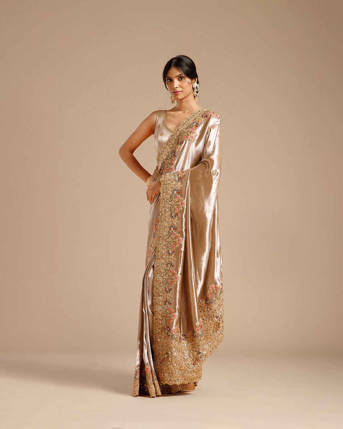 Mouse Color Tissue Silk Saree with Dori, Sequin, Nulki, Resham & Kundan Work