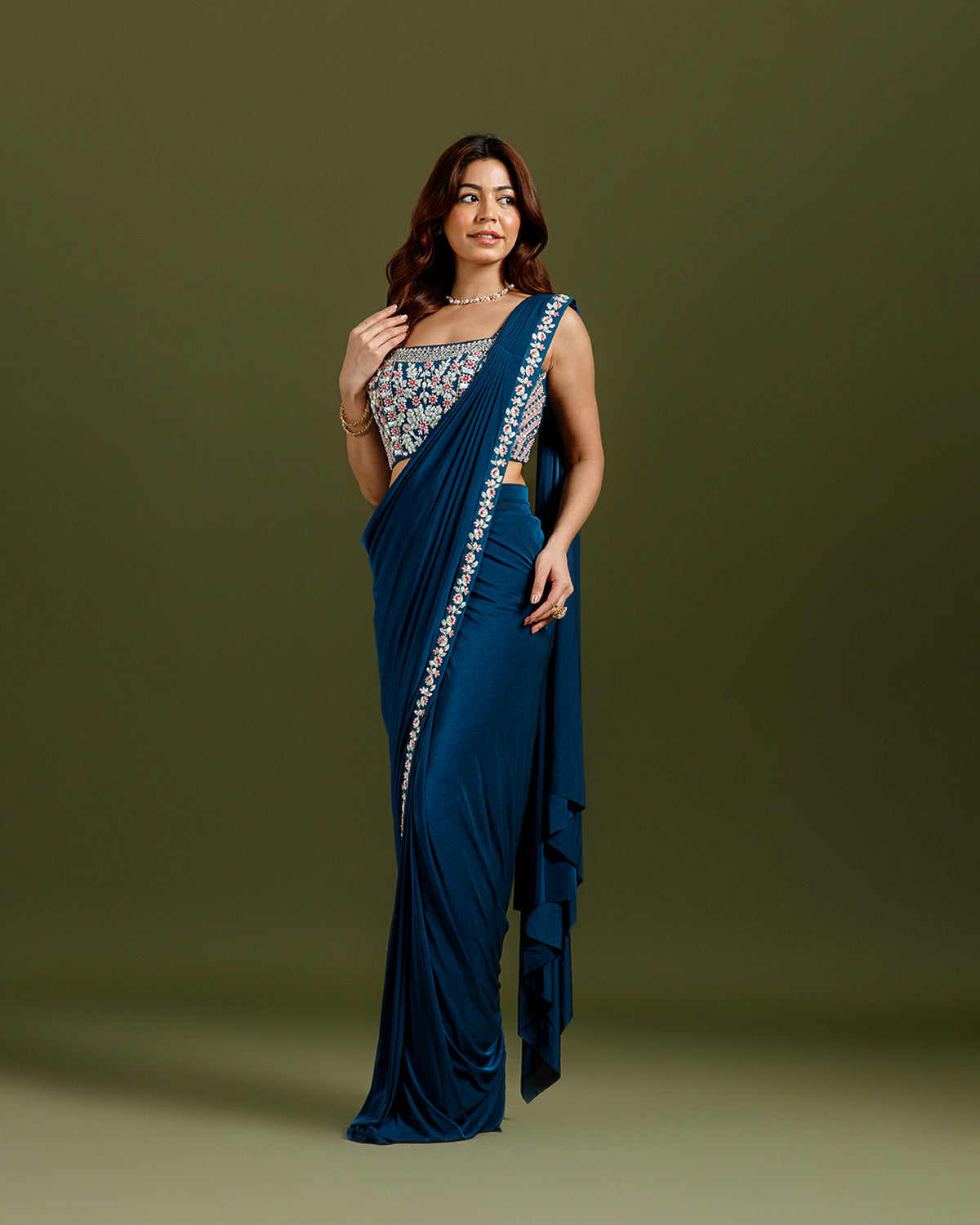 Blue Lycra Drape Saree with Hand Work - House of Surya