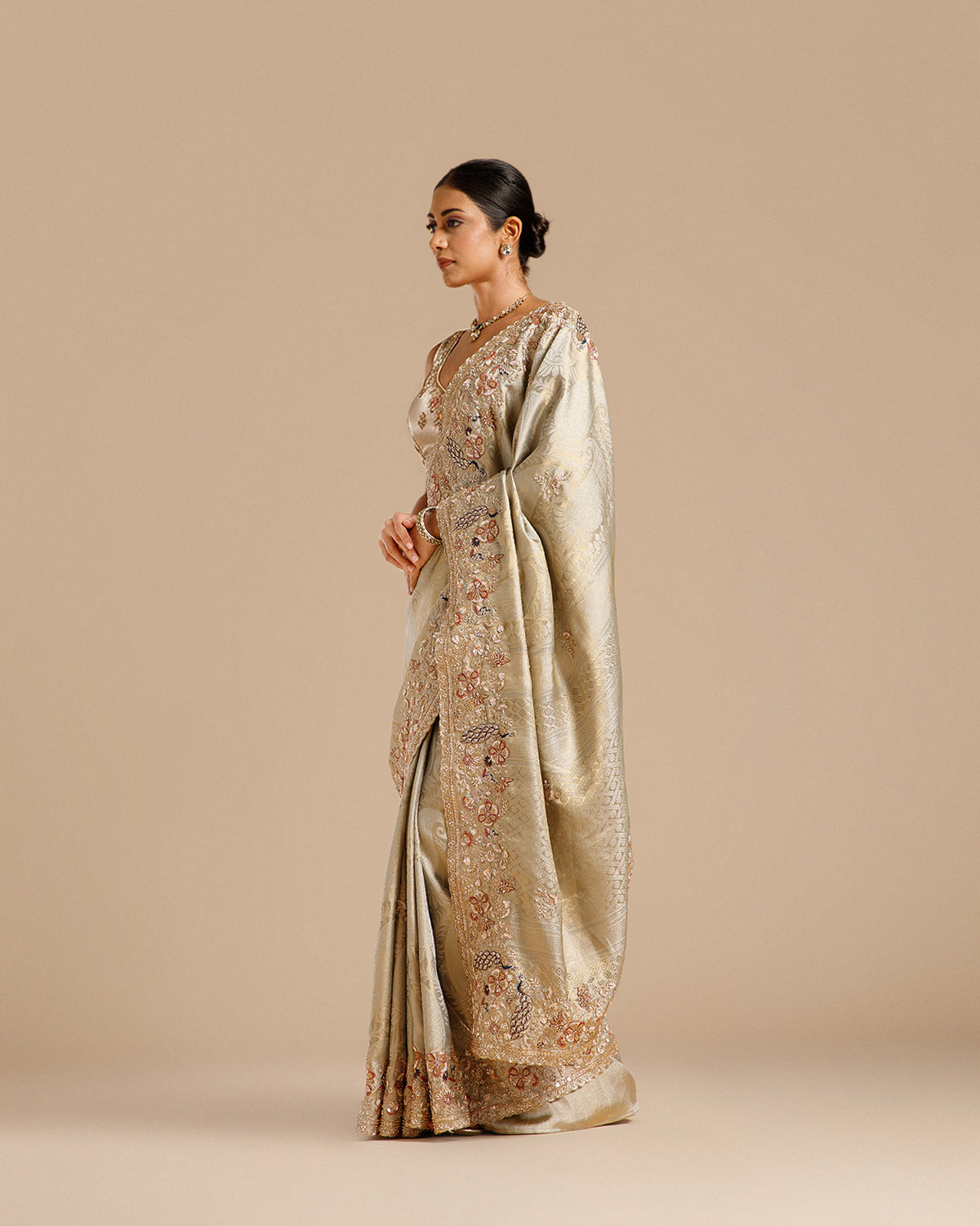 Green Tissue Silk Saree with Resham, Dabka, Nulki & Sequin Work