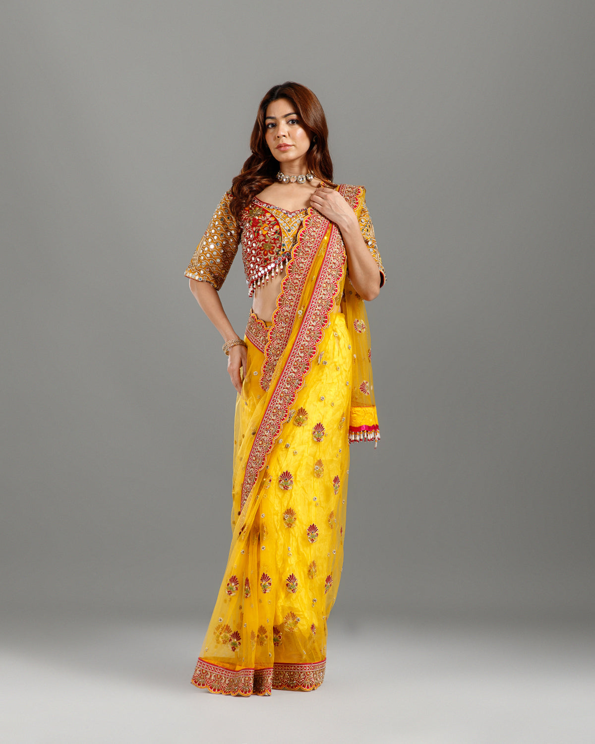 Yellow Net Saree with Sequence, Cutdana & Resham Work - House of Surya