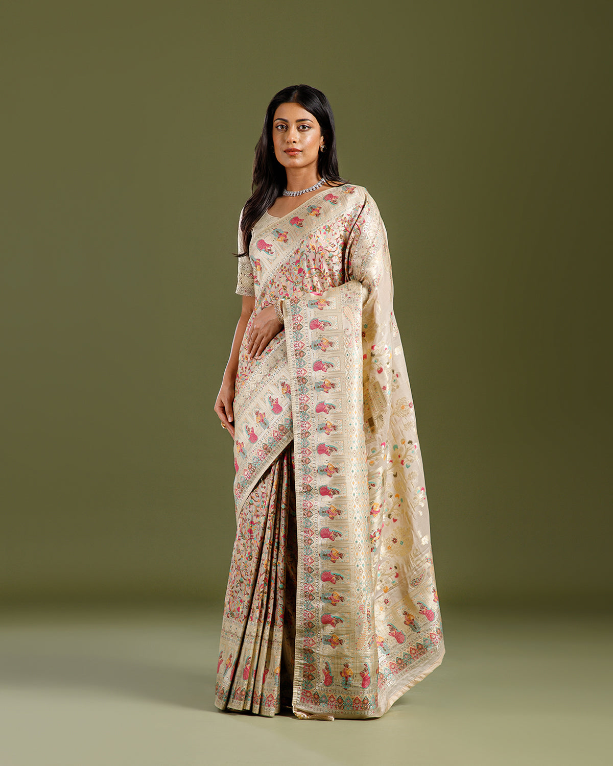 Cream Crepe Silk Saree with Multicolor Woven Design