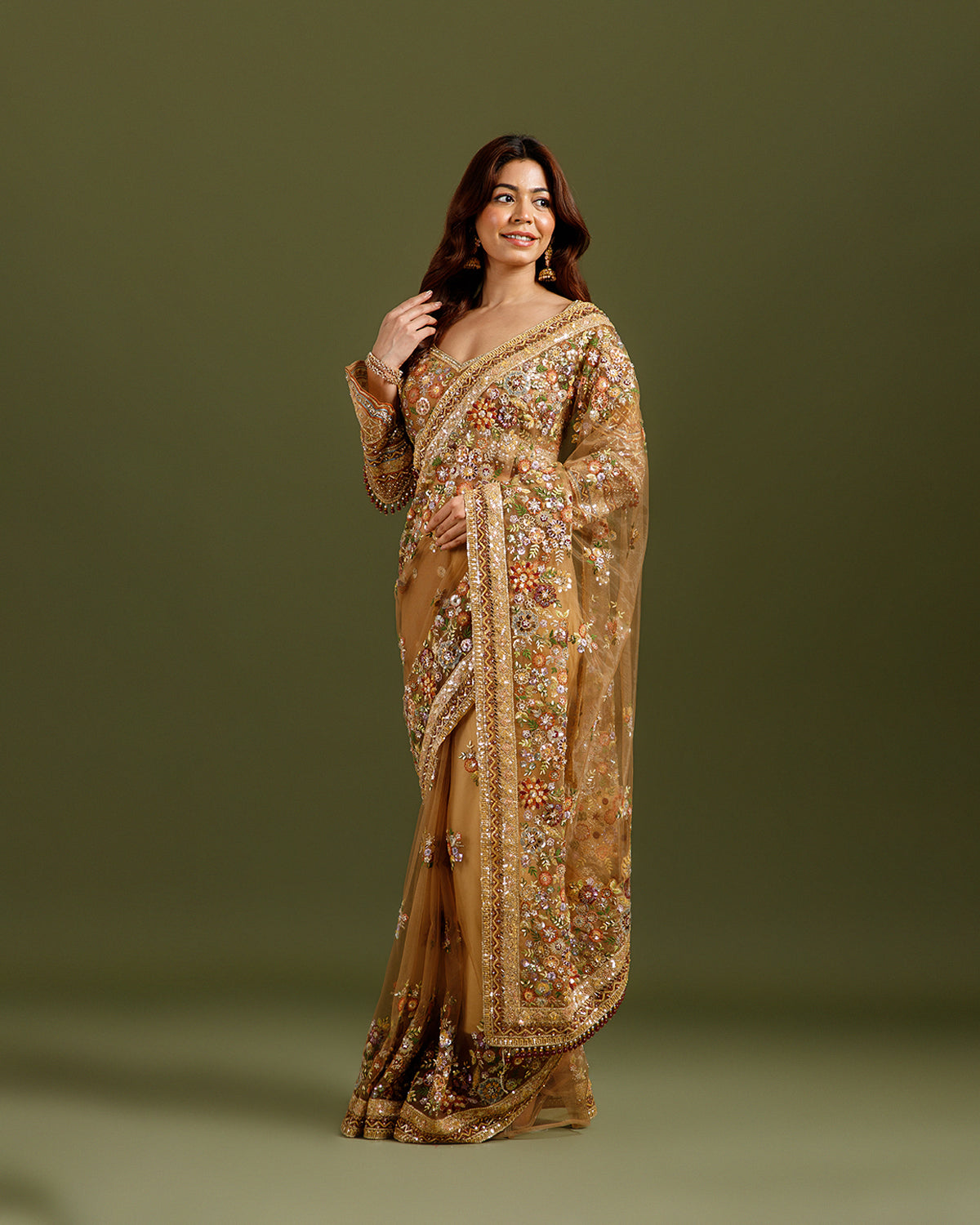 Golden Net Saree with Resham & Sequence Work
