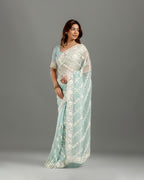 Pista Net Saree with Resham, Sequence & Bead Work - House of Surya