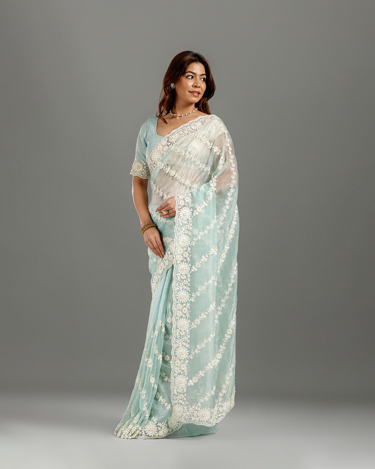 Pista Net Saree with Resham, Sequence & Bead Work - House of Surya