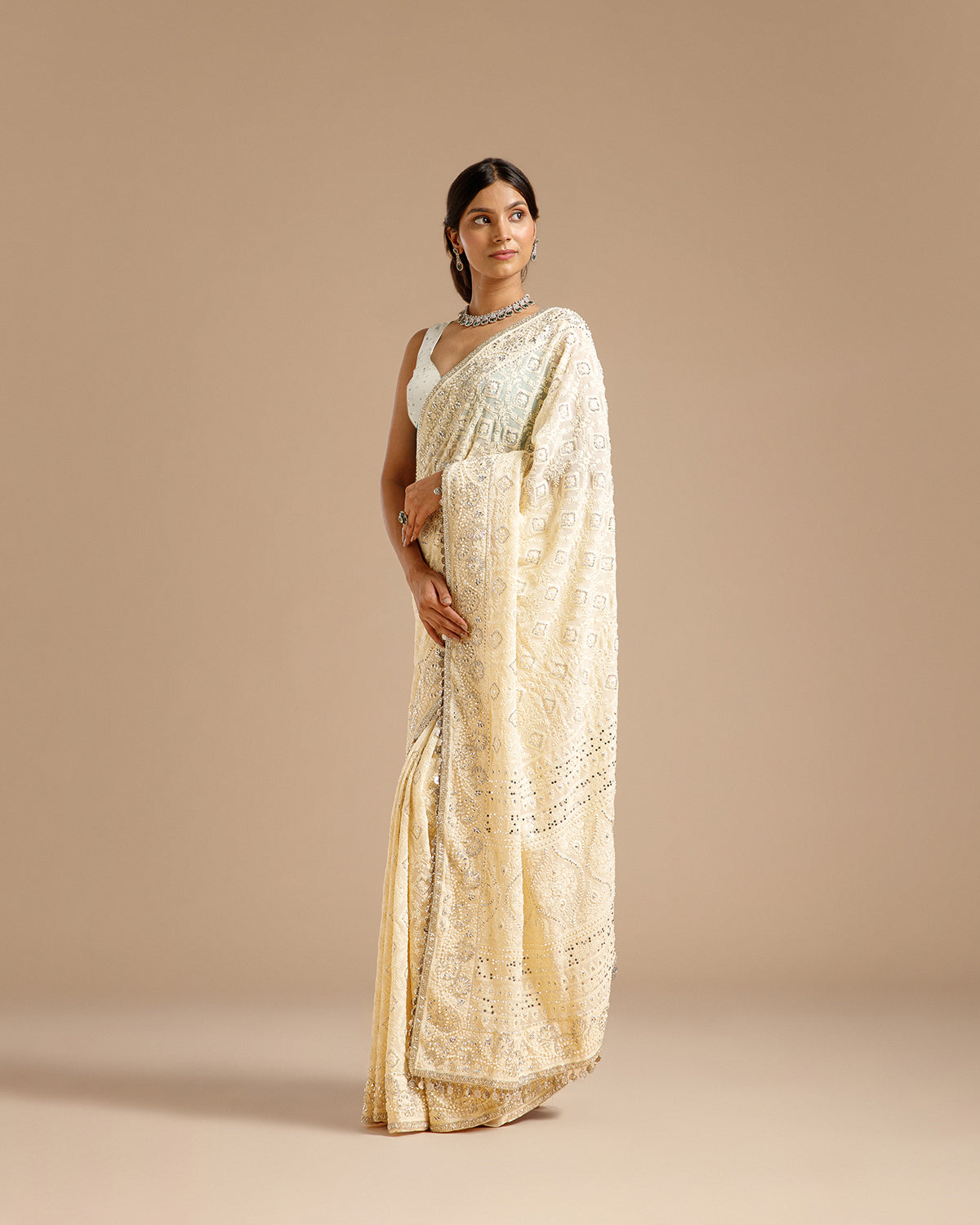 Ivory Georgette Saree with Nulki, Moti, Sequin, Coin & Resham Work - House of Surya